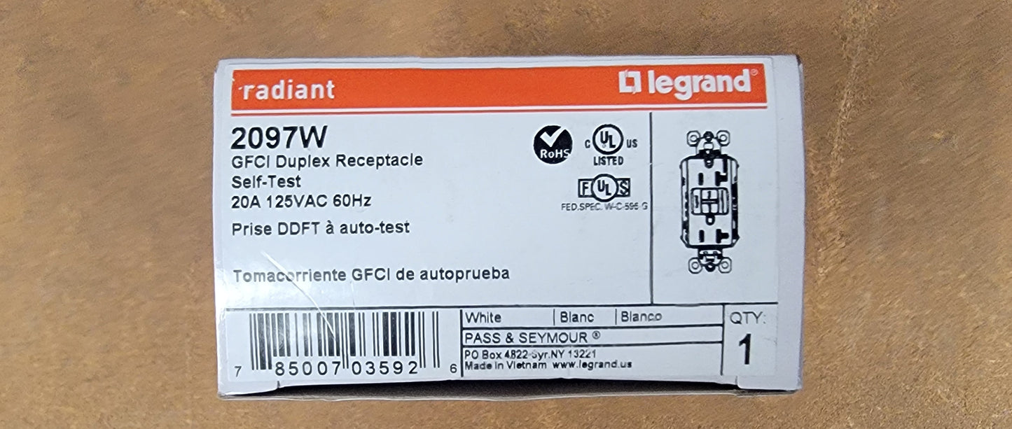 Legrand Radiant 2097W GFCI Duplex Receptacle 20A 125VAC 60Hz-Single