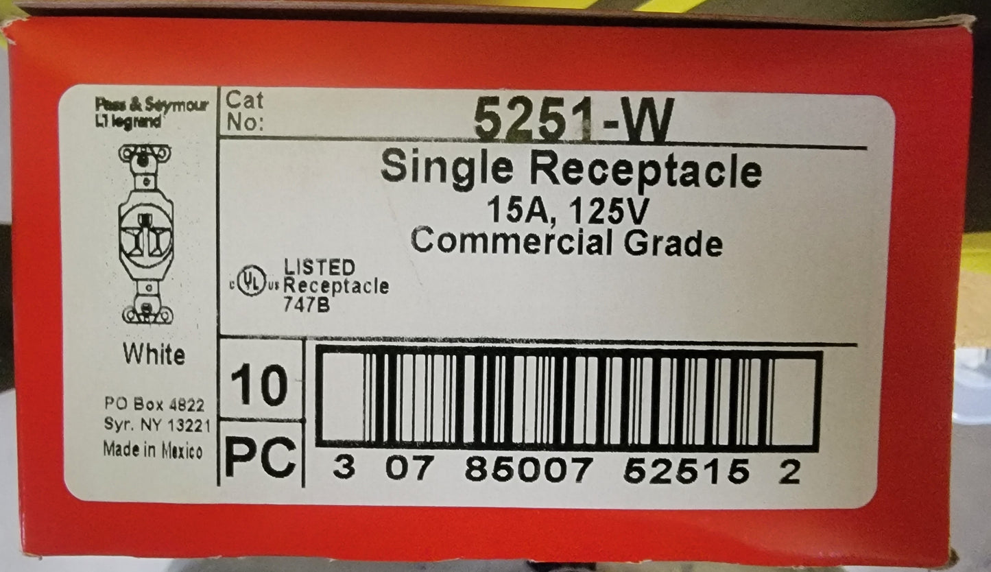 20 PC Legrand Radiant 5251-W / 5251W SGL Receptacle 15A 125V 747B Comm. GRD