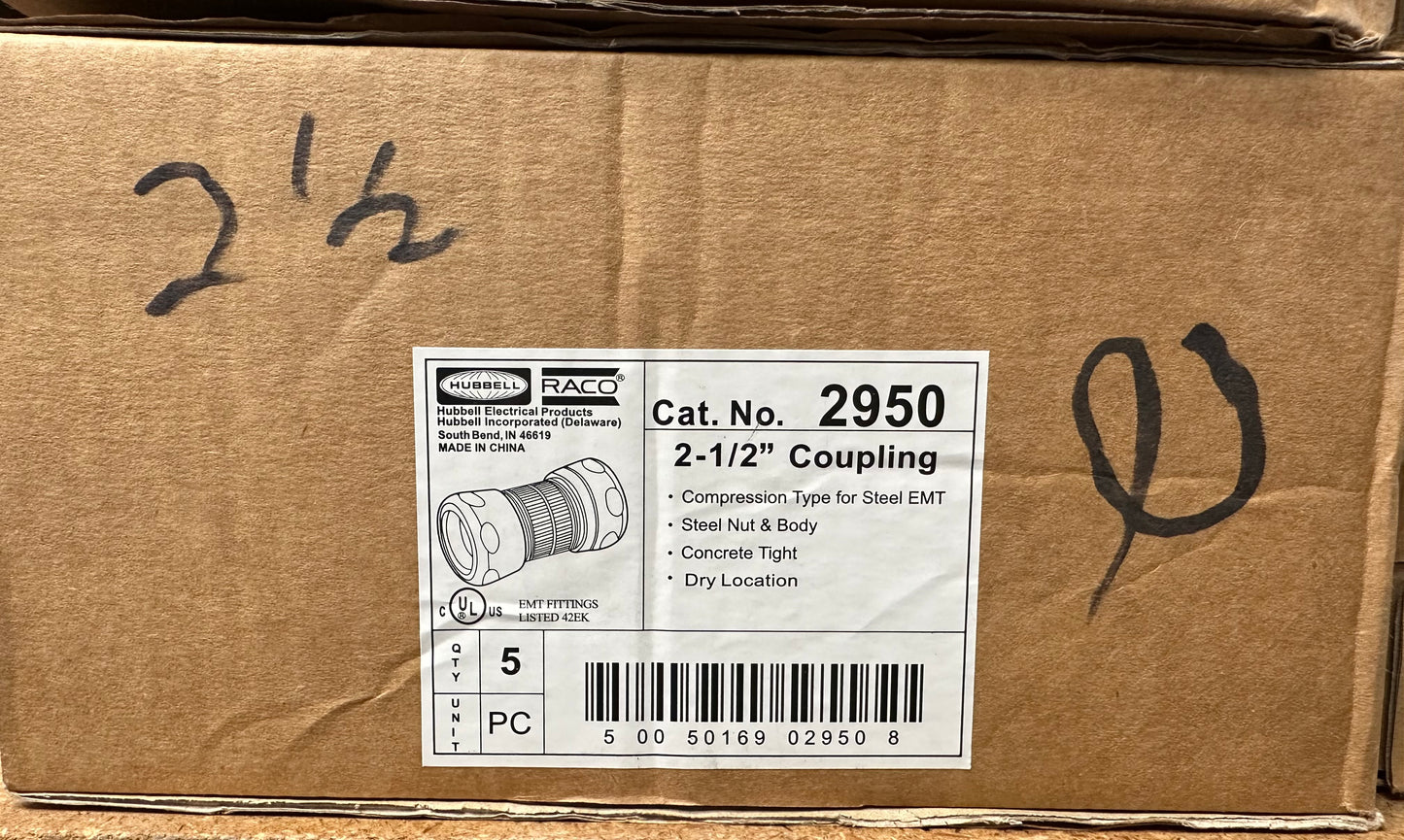 Hubbell RACO 2950 2 1/2” Coupling Compression Type For Steel EMT (5pc Per Box)