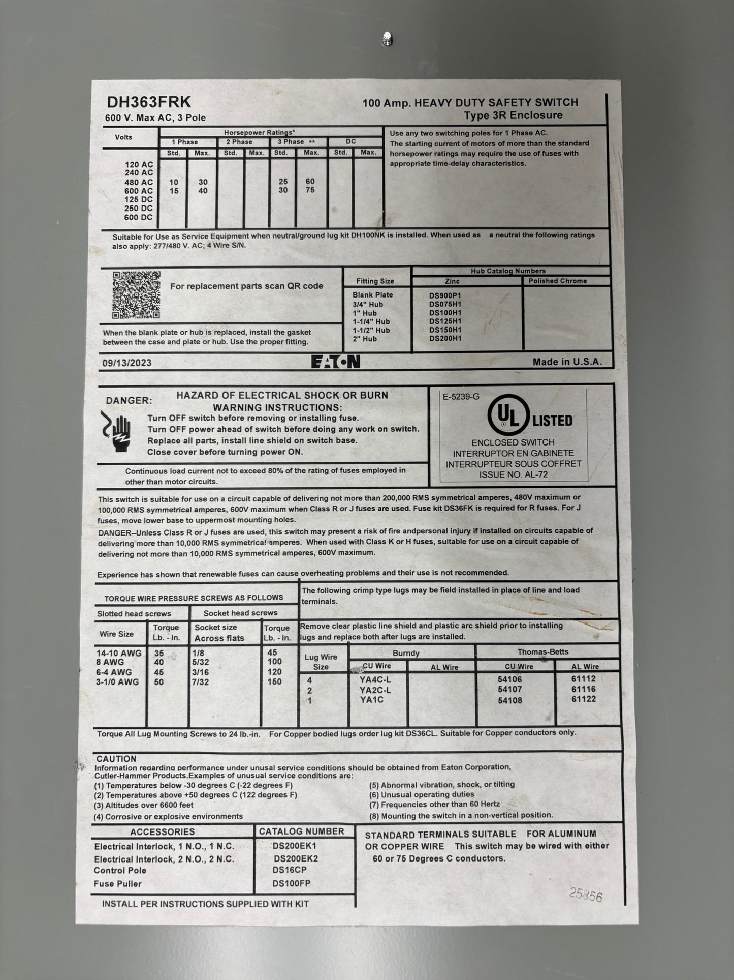 Eaton (DH363FRK) 100A Fusible Safety Switch, 3-Pole, 600VAC/250VDC