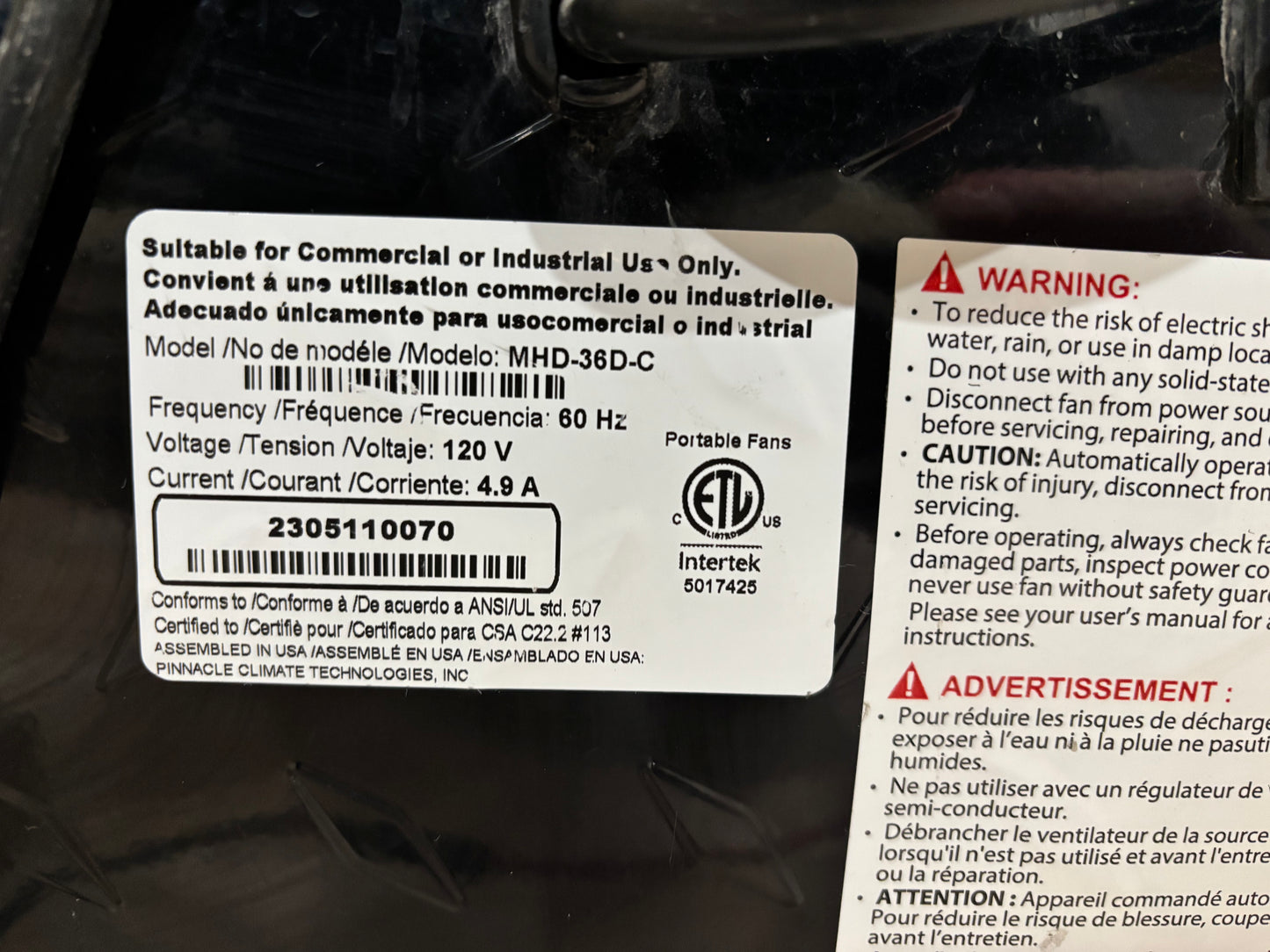 Master Industrial MHD-36D-C 120V High Capacity 36" Direct Drive Barrel Fan