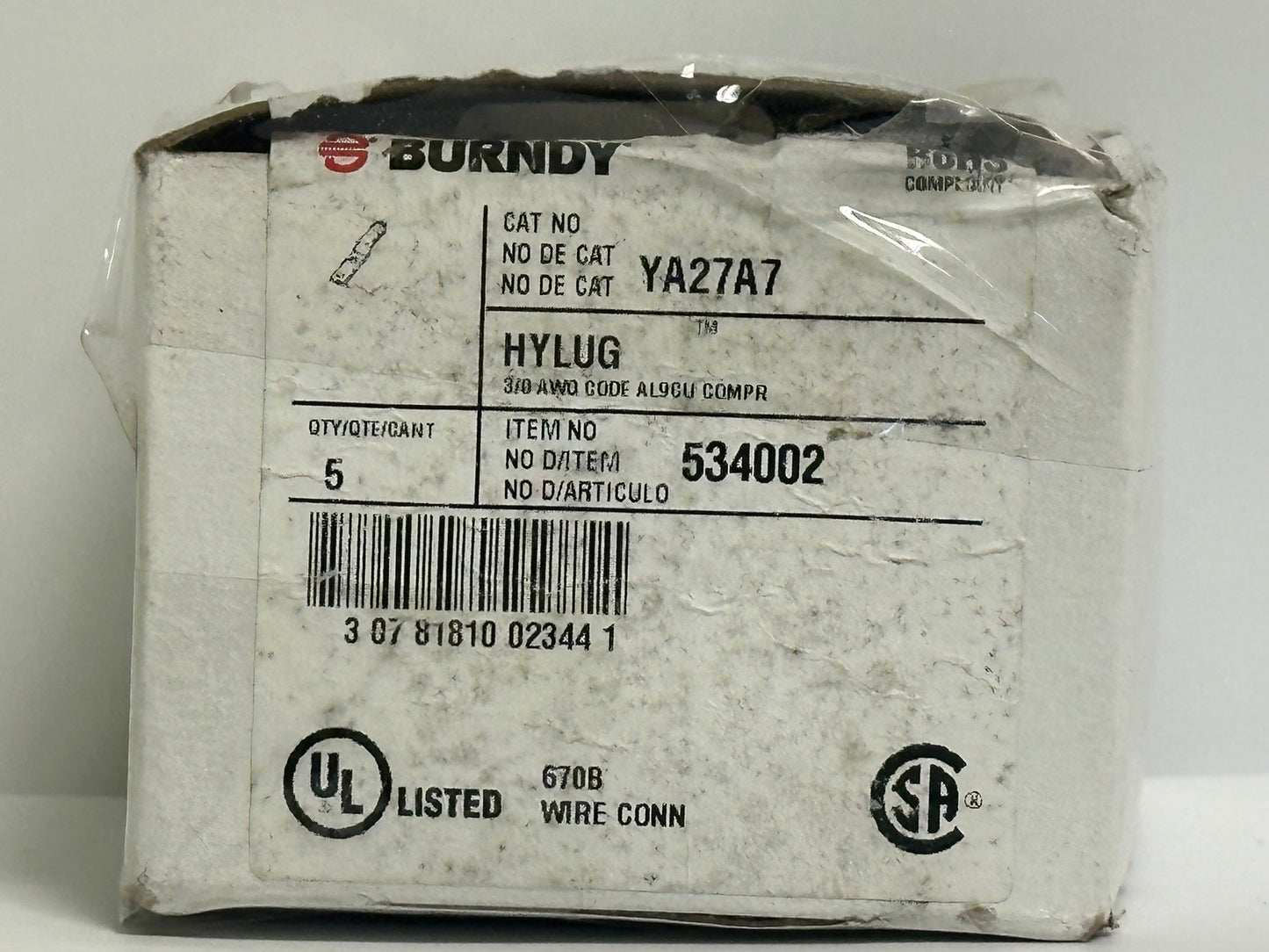 10 PK BURNDY (YA27A7) 3/8" Stud, 1" Spacing, 3/0Awg 2-Hole Lug, Aluminum