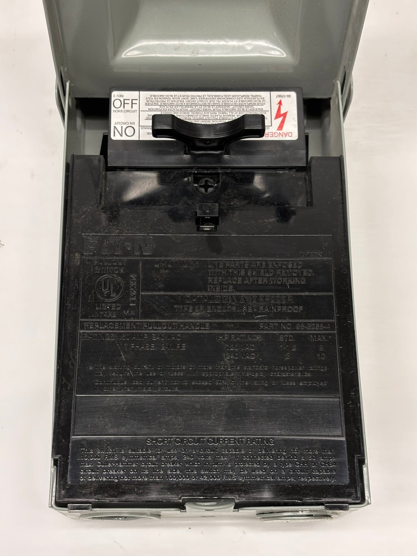 Lot Of 2 Eaton (DPF222R) 60A 1-Phase Fusible Pull-Out AC Switch, 120/240V