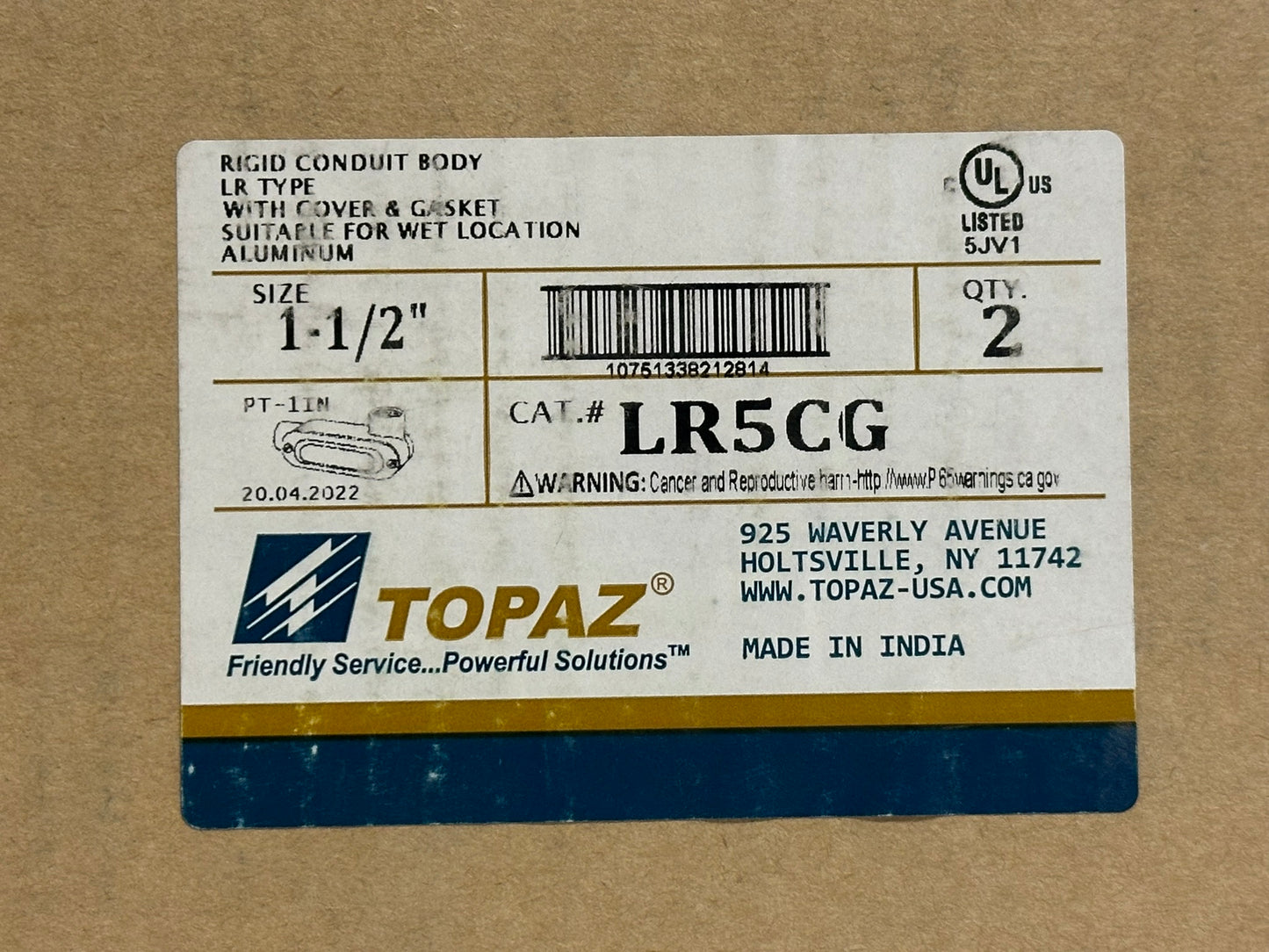 4PK Southwire Topaz (LR5CG) 1-1/2" Rigid Conduit Body LR-Type For Wet Locations