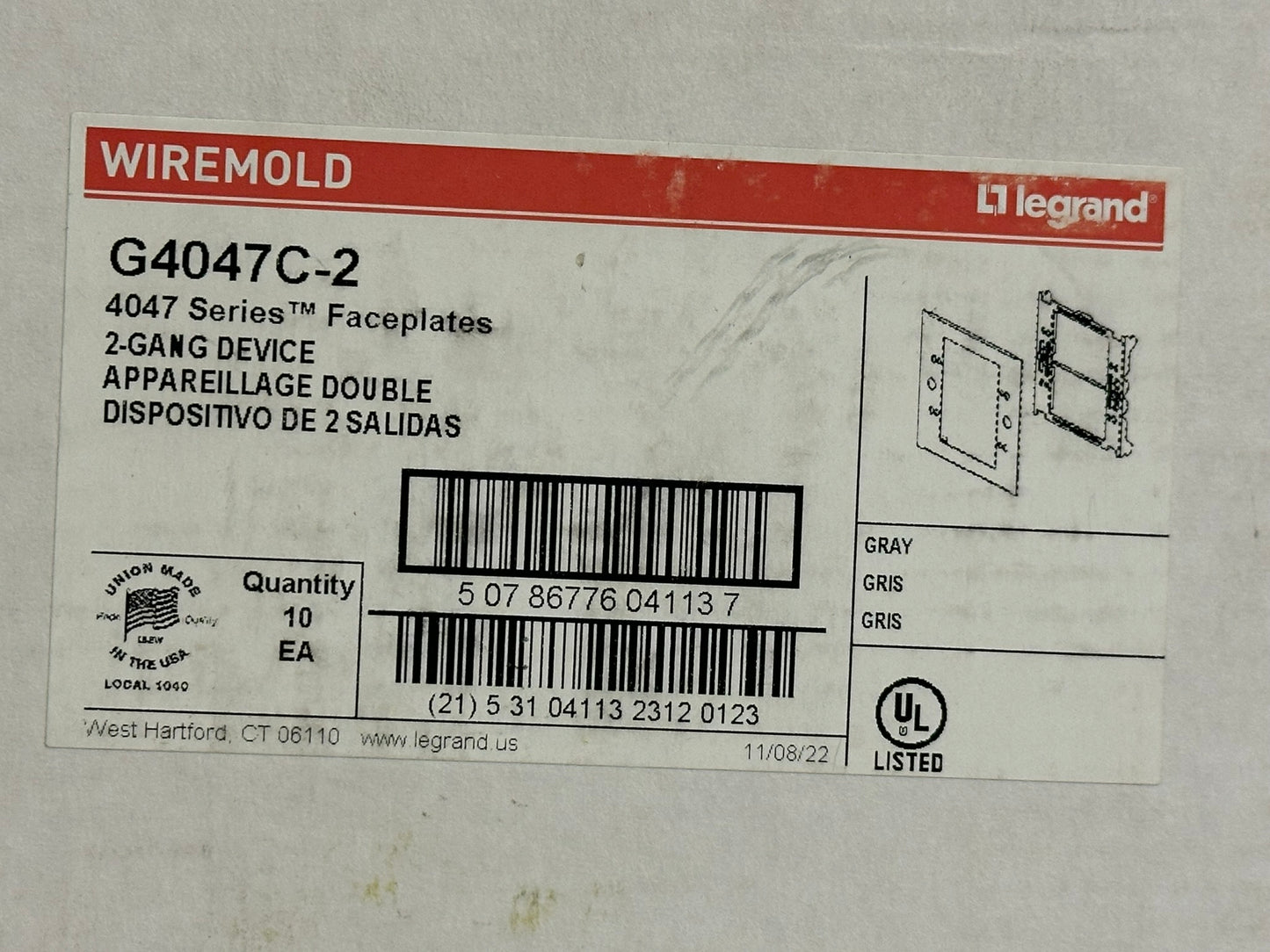 10 PK Legrand-Wiremold (G4047C-2) Steel Multiple Channel Raceway Cover Plate