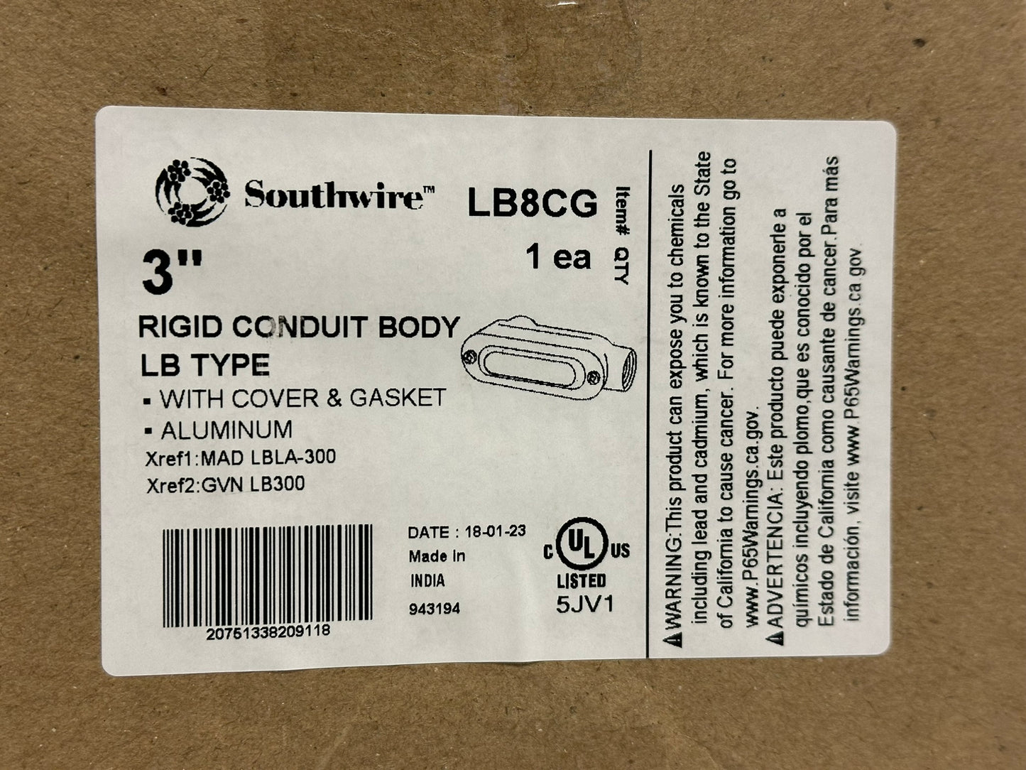 Southwire Topaz (LB8CG) 3" Rigid Conduit Bodies w Cover Threaded LB-Type