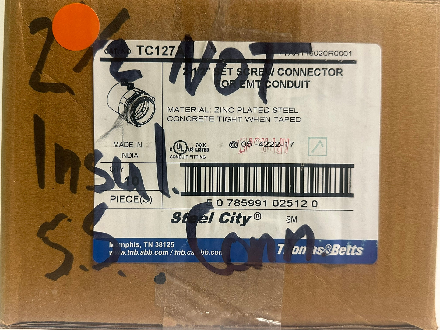 10 PK Steel City (TC127A) 2-1/2" Set Screw Connector Straight Connection Orientation