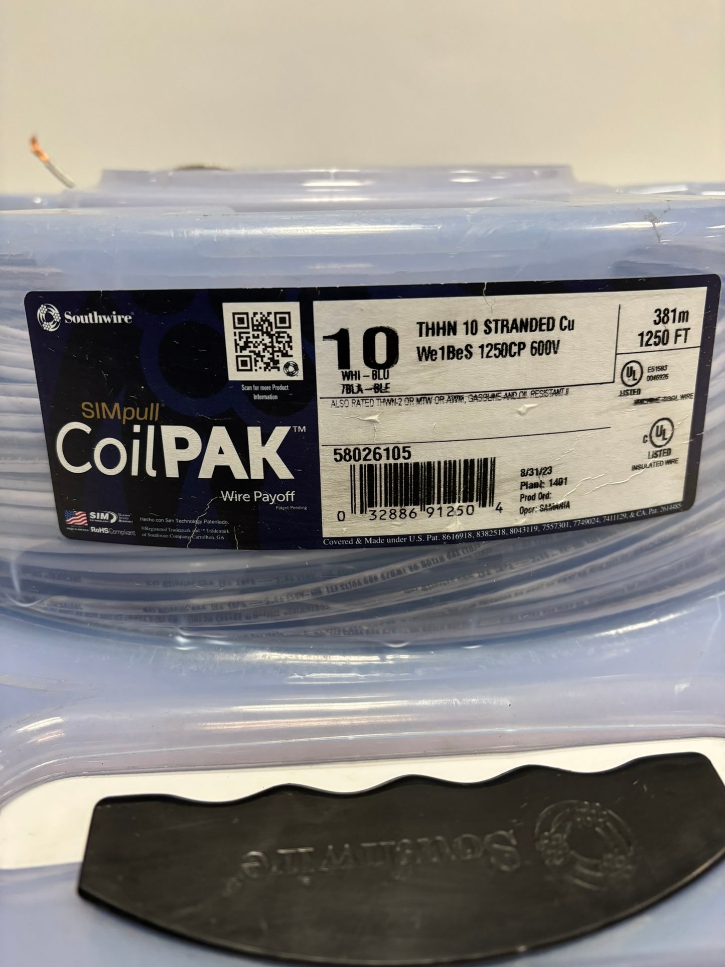 SouthWire CoilPAK 10 White Blue THHN 600V 928Ft 283m 58026105