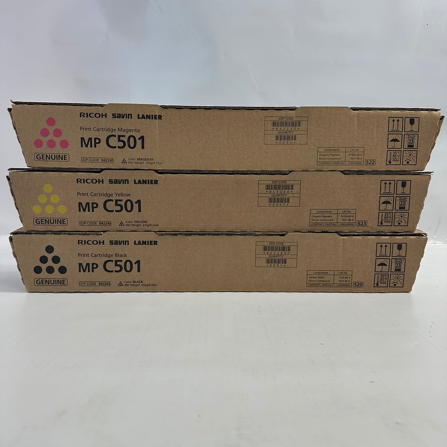 3 New Genuine Ricoh MP C501,C501SP MYK Print Cartridges 842243,45,46(No Cyan)