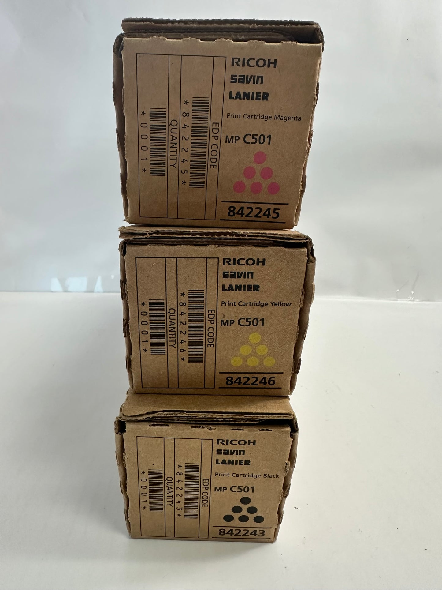 3 New Genuine Ricoh MP C501,C501SP MYK Print Cartridges 842243,45,46(No Cyan)