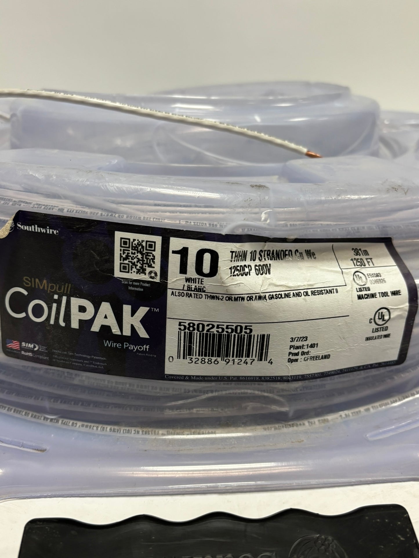 58025505 SouthWire CoilPAK 1125Ft 343m Stranded 10 White THHN 600V Same Day Shipping