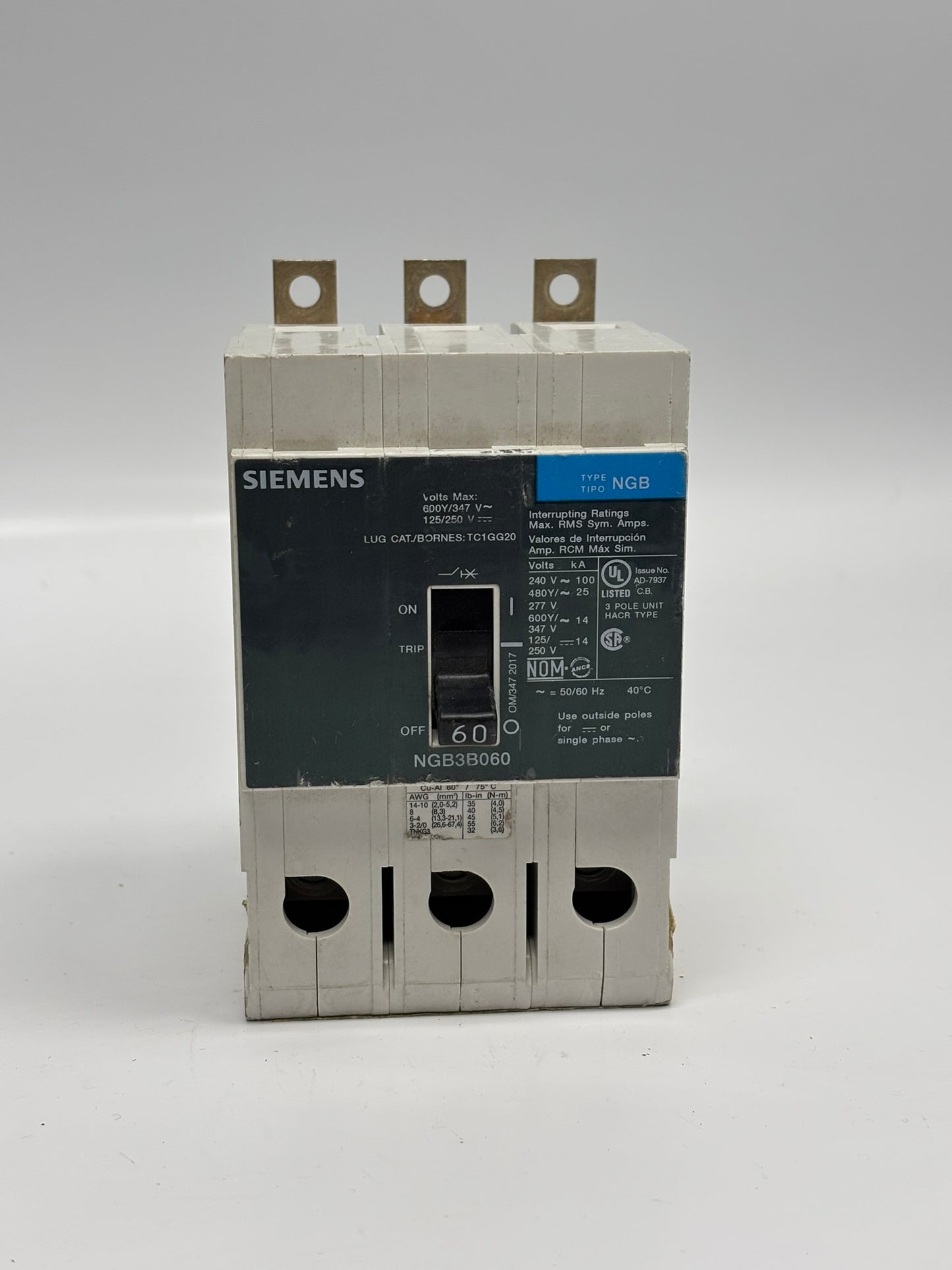 SIEMENS NGB3B060 LOW VOLTAGE PANELBOARD CIRCUIT BREAKER WITH THERMAL - MAGNETIC TRIP UNIT
