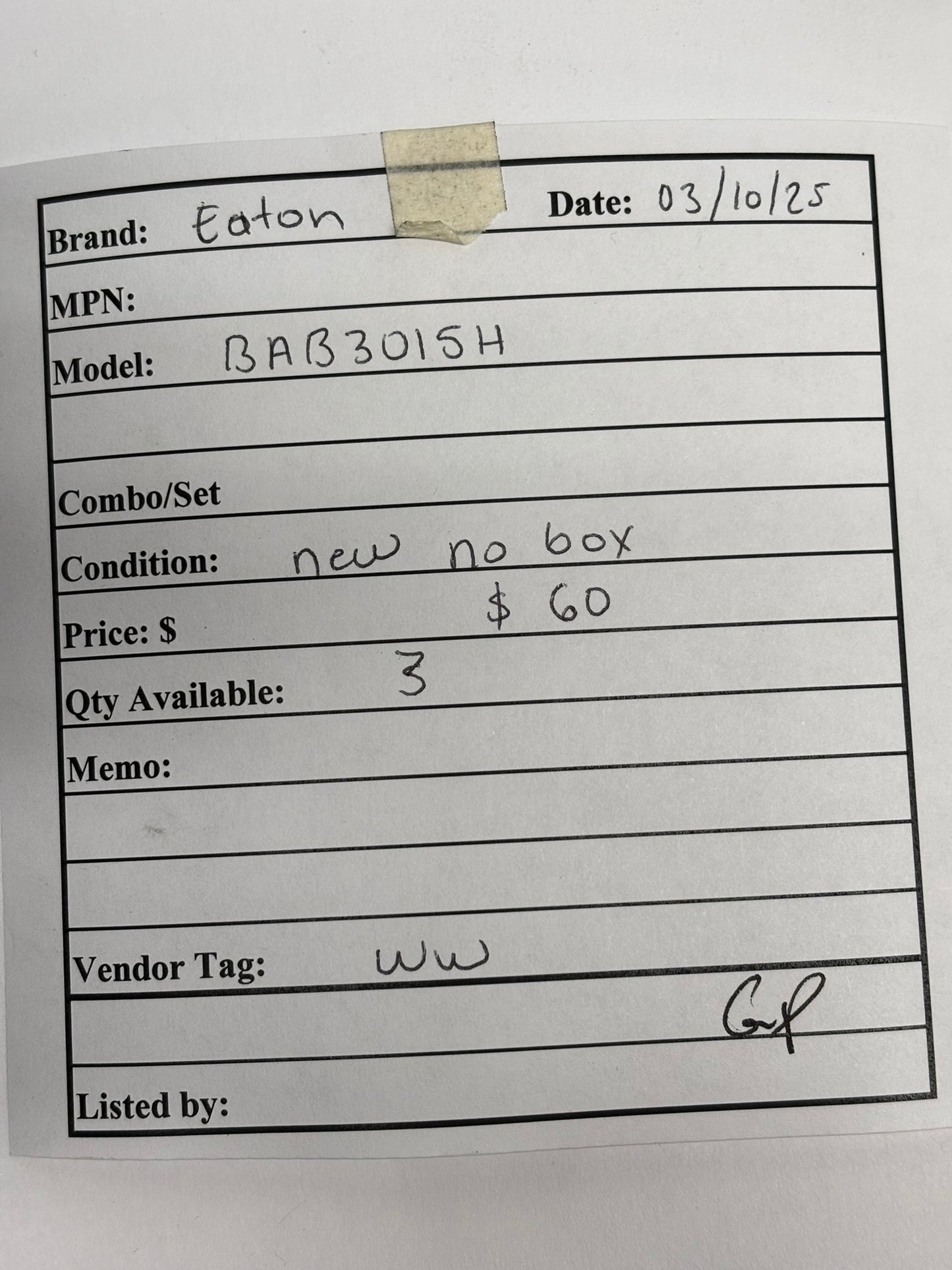 Eaton BAB3015H Quicklag Industrial Thermal-Magnetic Circuit Breaker, No Box