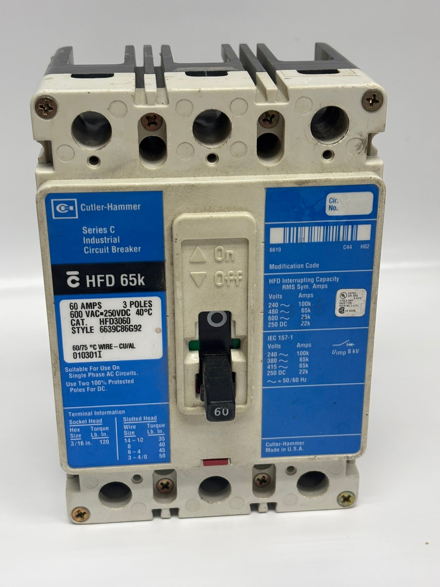 Eaton Cutler-Hammer HFD-3060 Series C Complete Molded Case Circuit Breaker