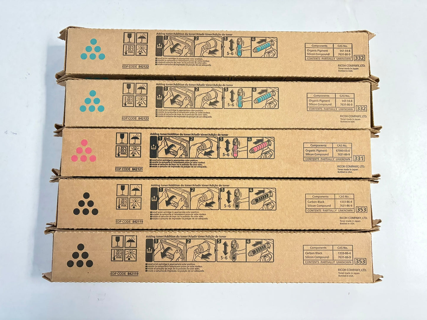 5 OEM Ricoh Aficio MP C305, C305H CCMKK Toners 842122, 842121, 842119
