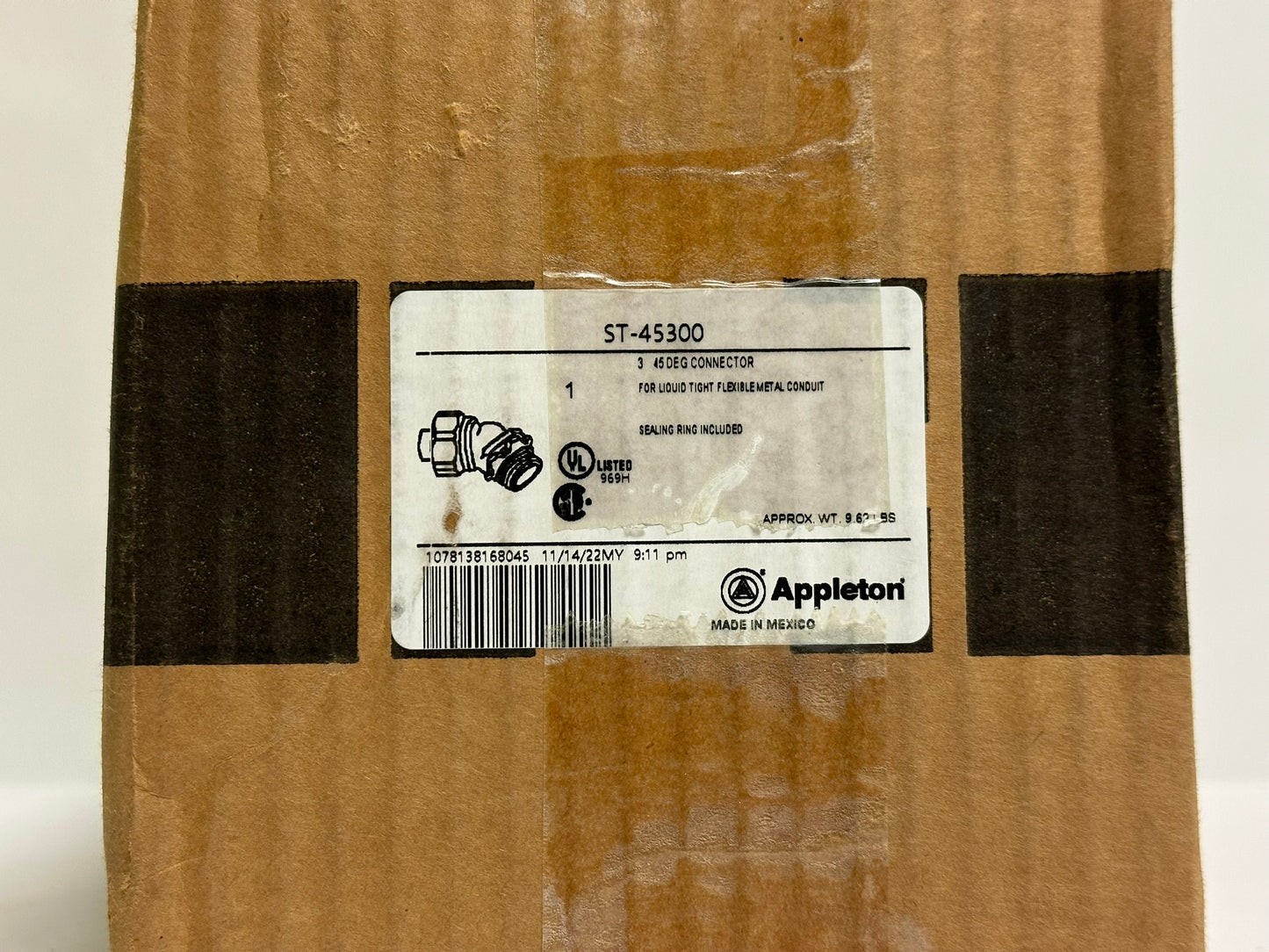 Emerson ST-45300 3" 45° Liquid Tight Connector, Malleable Iron, Zinc Plated