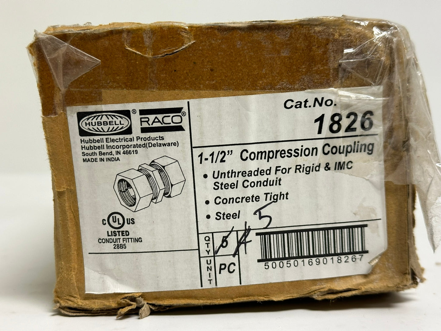 5 PK RACO 1826 Compression Coupling – Zinc, 1-1/2 in., for EMT Conduit
