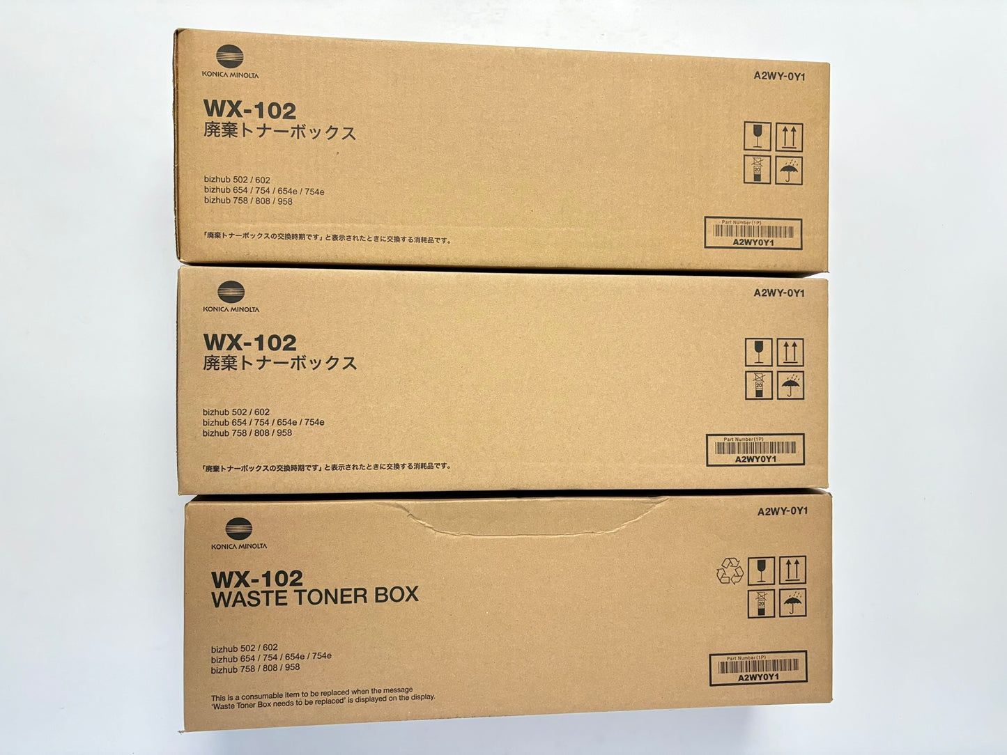 3 OEM Konica Minolta BH602,654,754,654e,758 Waste Toner Boxes WX-102, A2WY-0Y1
