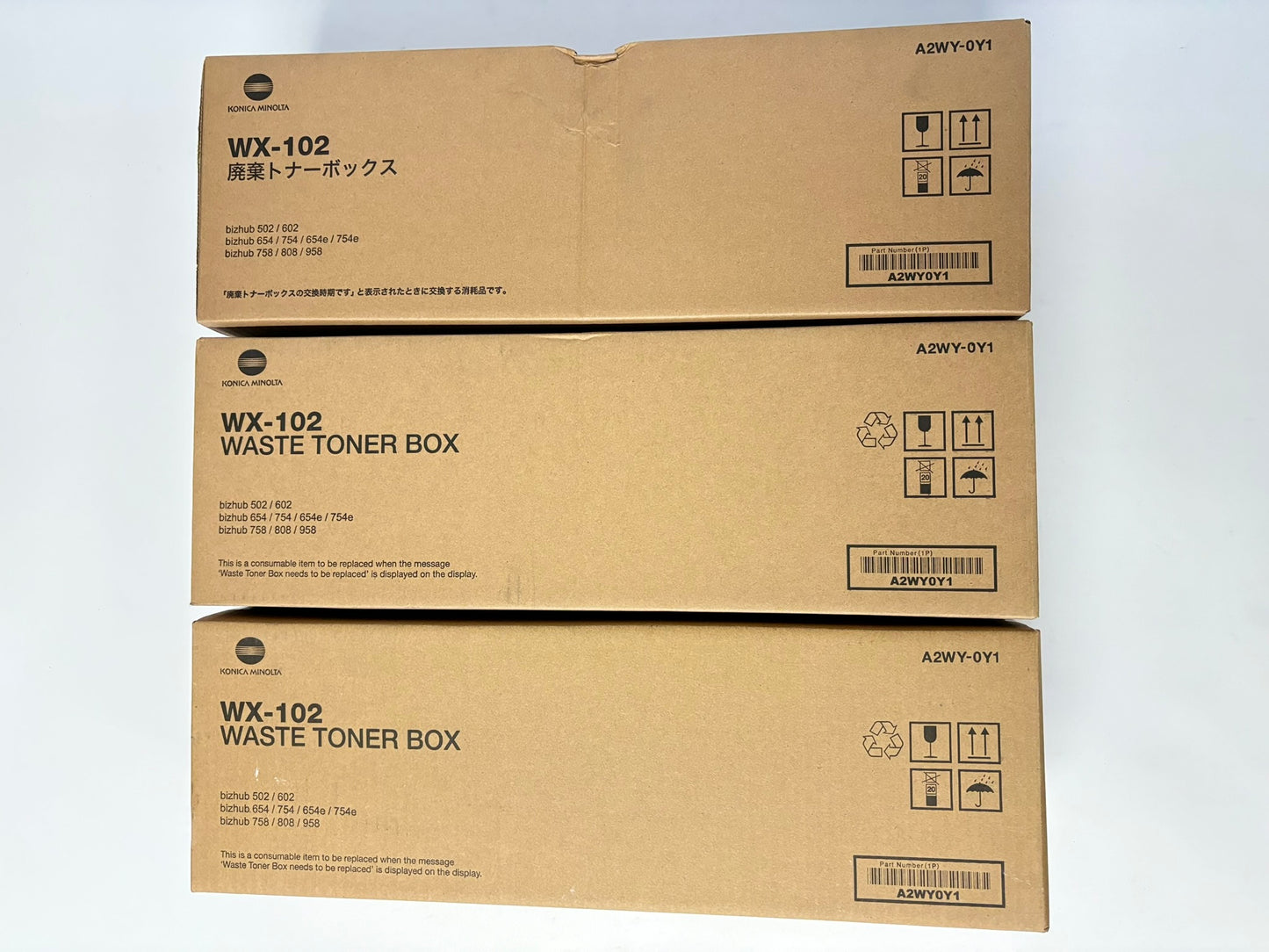 3 OEM Konica Minolta BH602,654,754,654e,758 Waste Toner Boxes WX-102, A2WY-0Y1