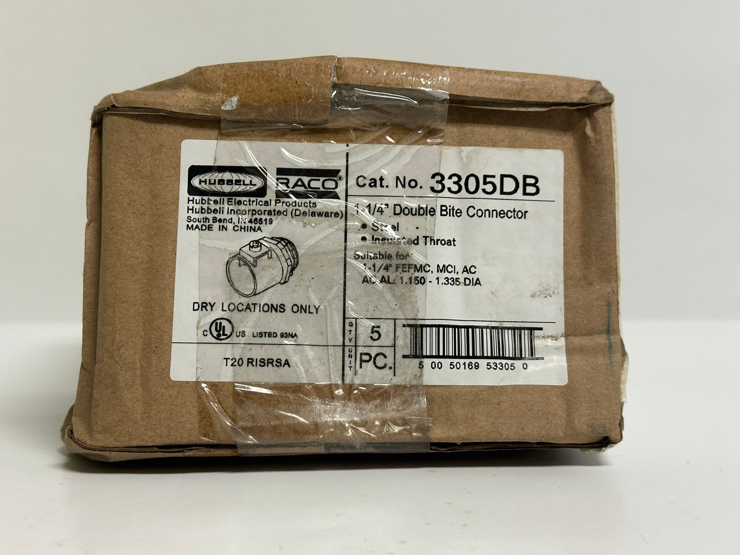 5 PK RACO 3305DB Double Bite Connector – 1/2 in., Zinc, for MC/Flex Cable