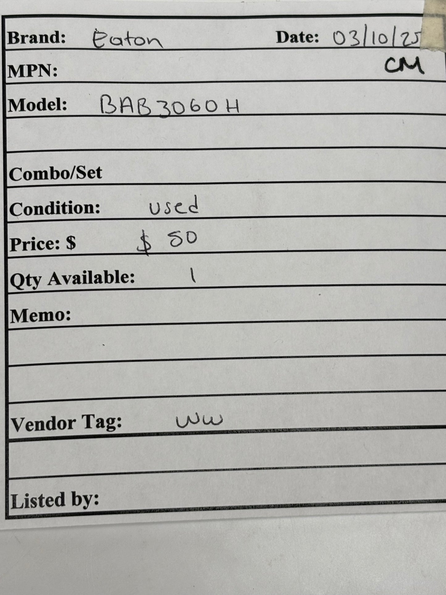Eaton BAB3060H Bolt-on Circuit Breaker Type BA 240 V