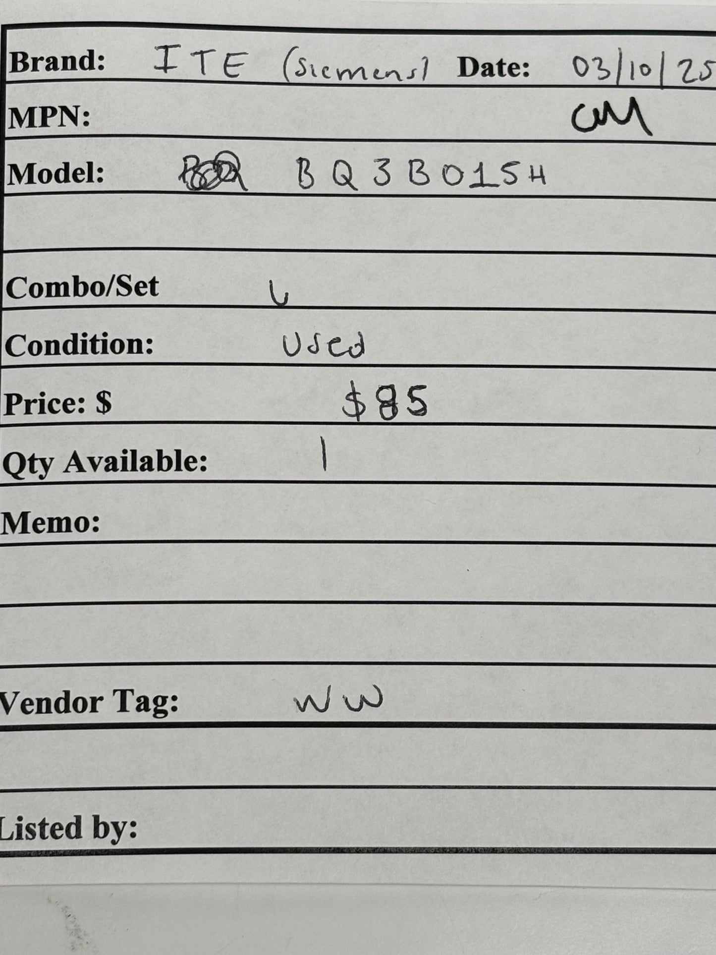 BQ3B015H Siemens Bolt-on 240VACV 15A 3 pole circuit breaker 22kA@240V