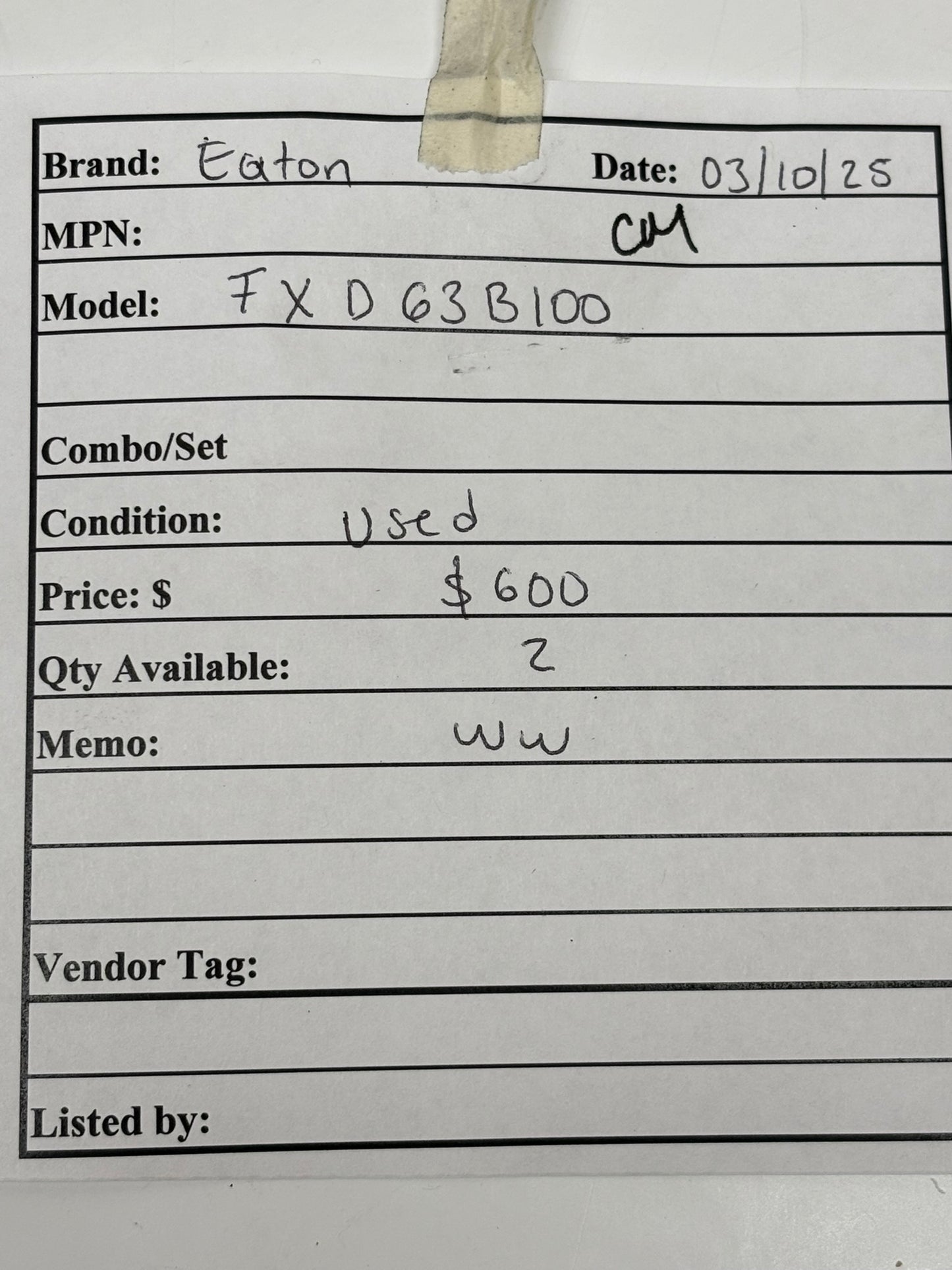 Siemens FXD63B100 3 Pole Circuit Breaker 50/60hz 100A 600v