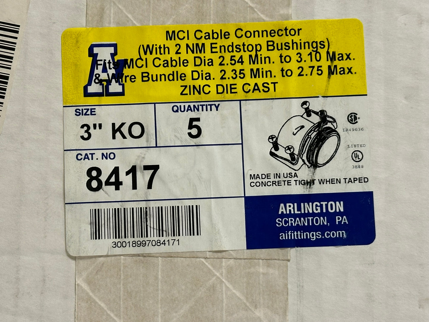 4 PK Arlington 8417 3" MC Cable Connector, Zinc Die-Cast, Multi-Cable Range