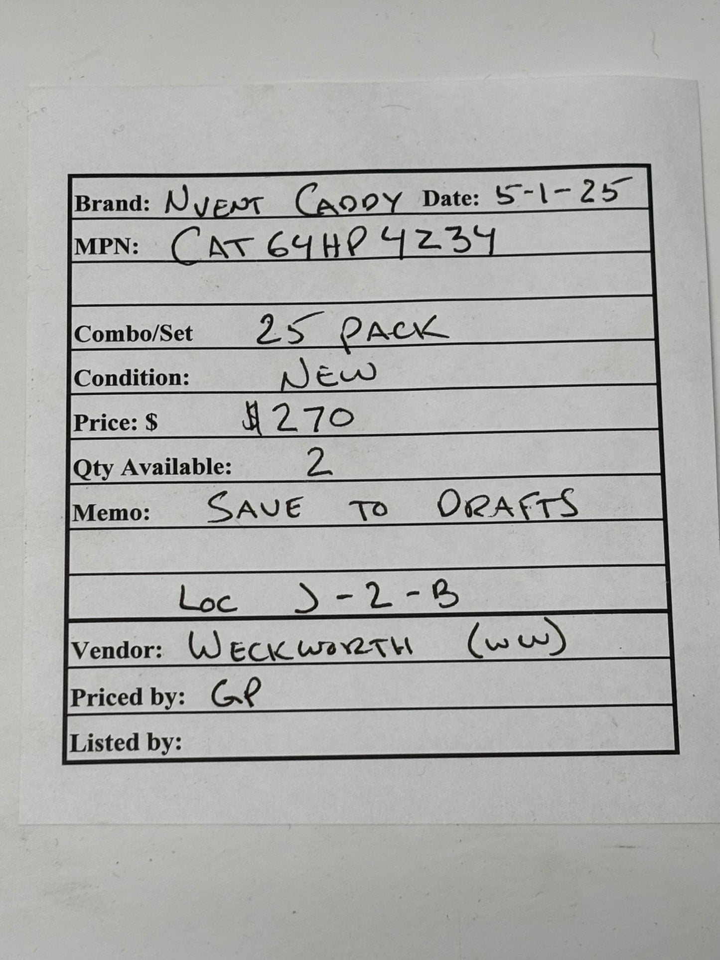 25 PACK NVent CADDY CAT64HP4Z34 Spring Steel 4 INCH (100mm) J-Hook With 4Z34