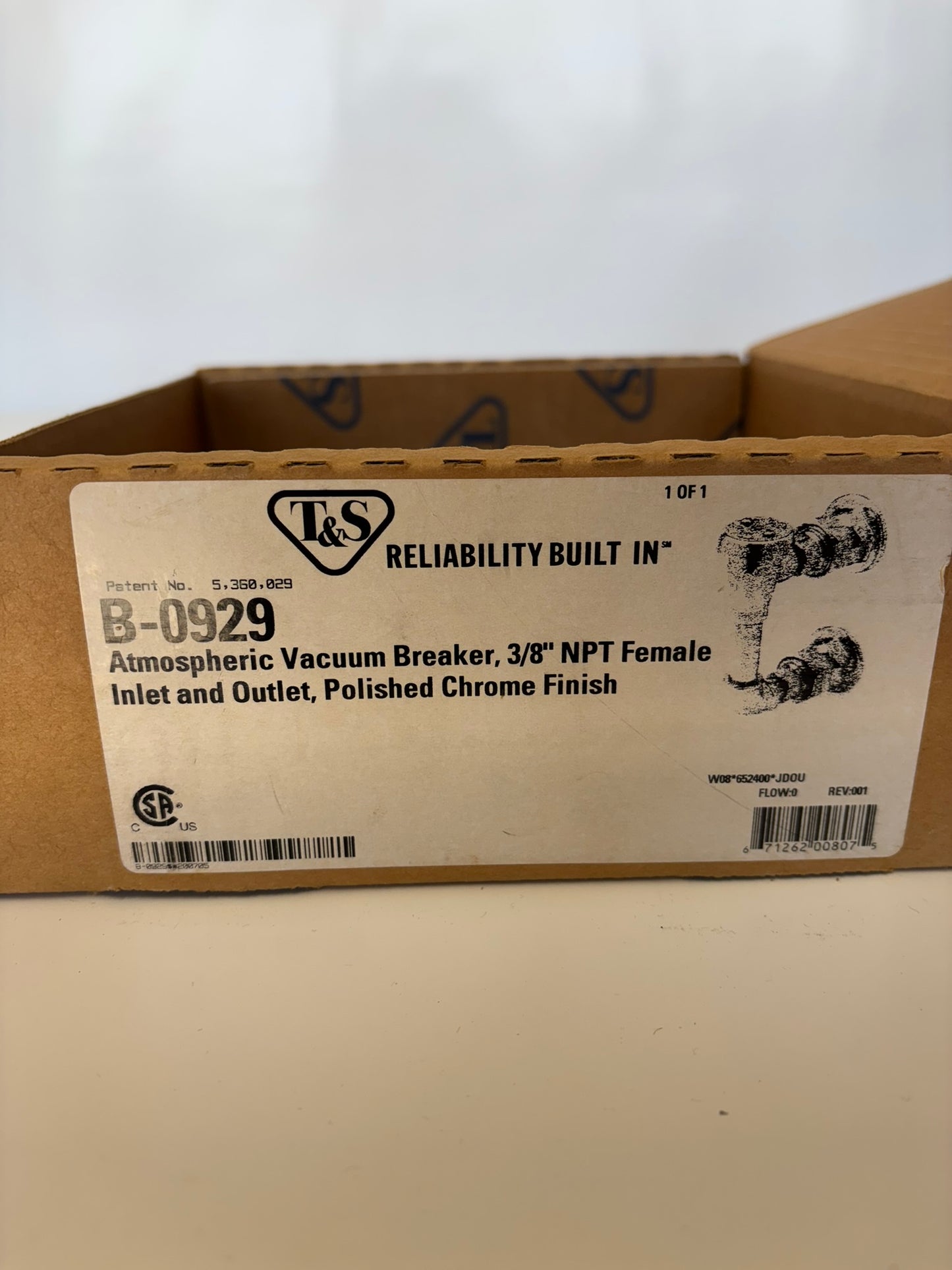 T&S B-0929 Atmospheric Vacuum Breaker 3/8" NPT Female Inlet and Outlet Polished Chrome Finish