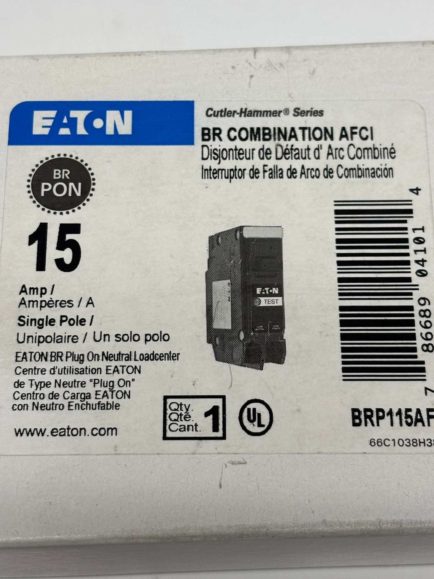 Eaton BRP115AF BR AFCI Circuit Breaker 15 Amp Single Pole