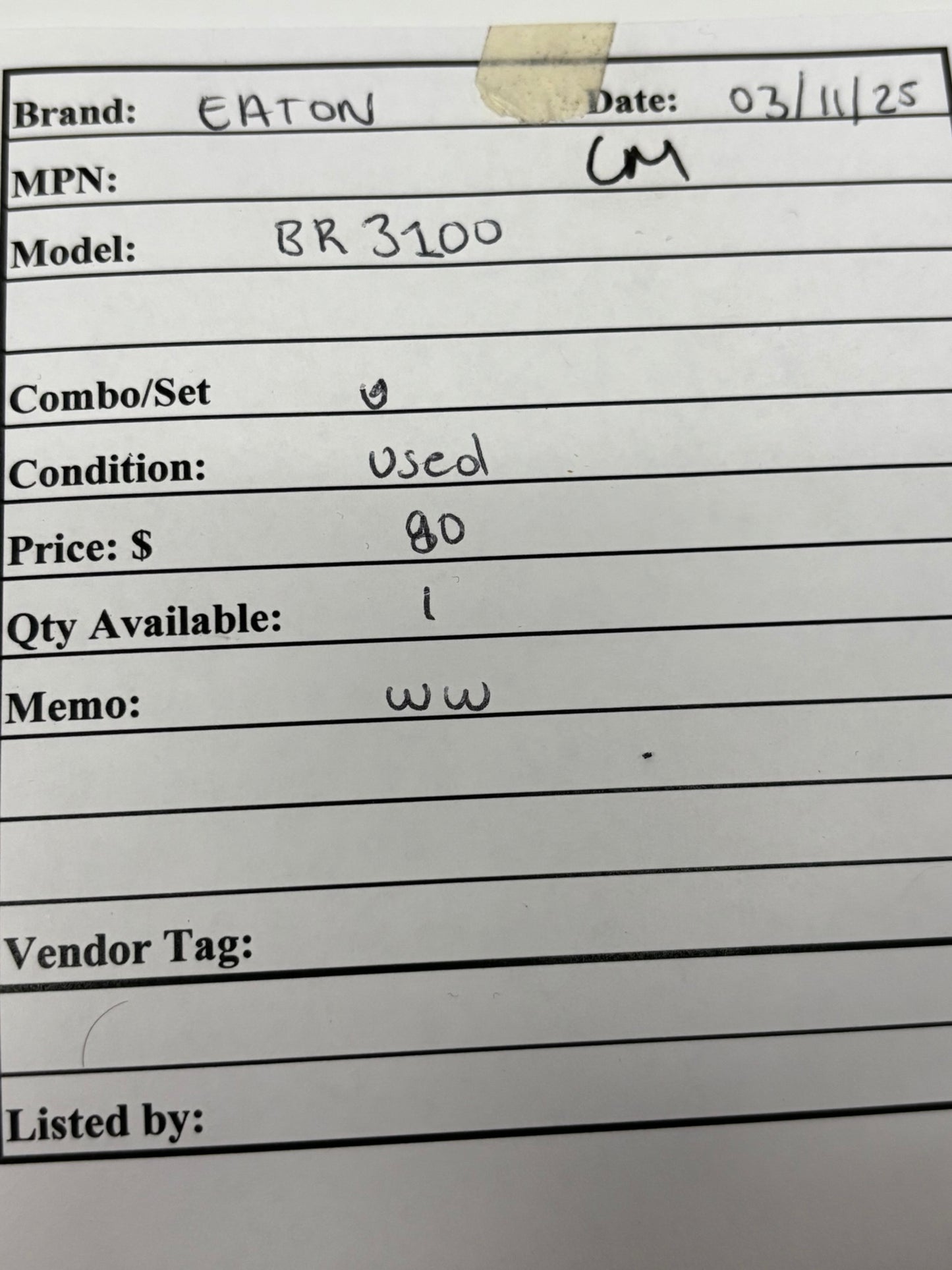 Eaton BR3100 Circuit Breaker 240V 3 Pole 100 AMP