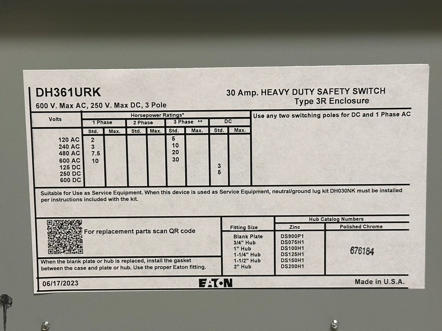 Eaton DH361URK 30A 600V Fusible Safety Switch, NEMA 3R Outdoor