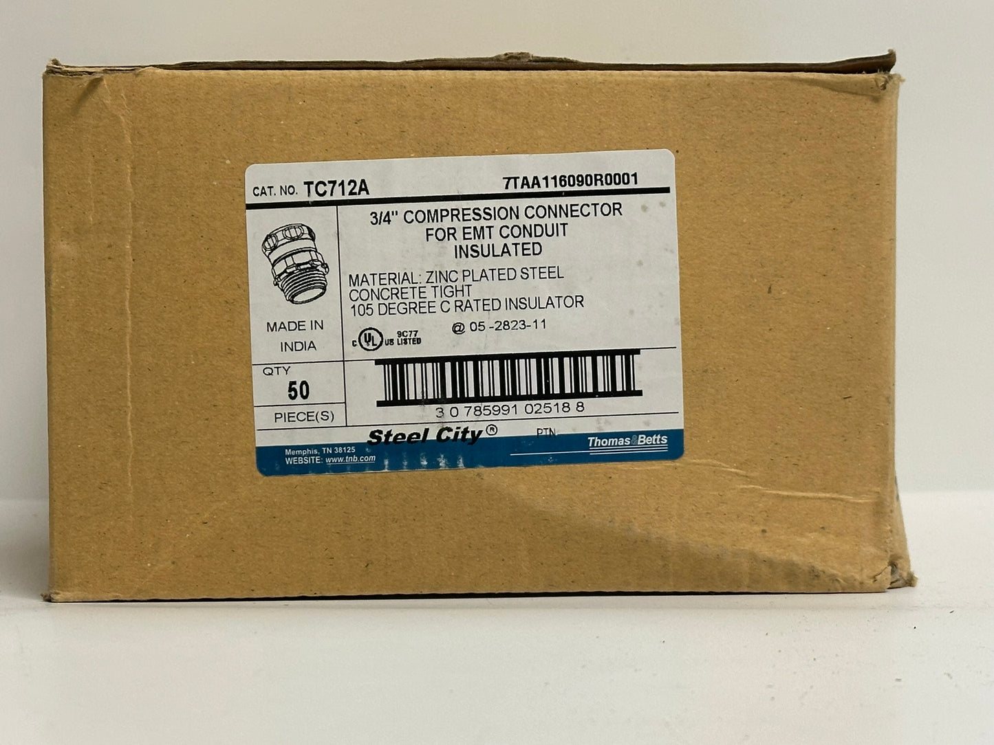 50 PK Steel City TC712A 3/4" EMT Insulated Compression Connector, New in Box