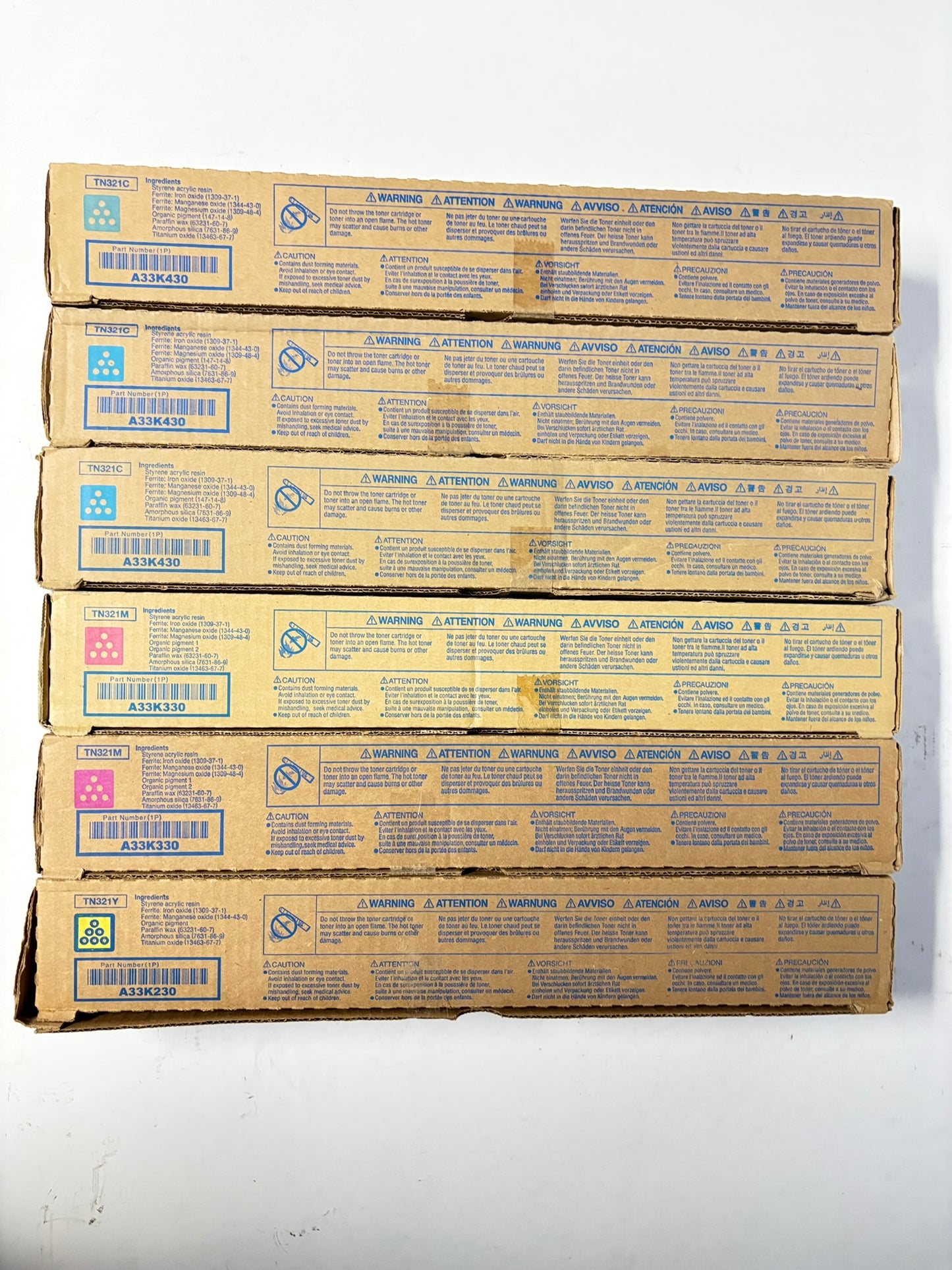 6 Genuine Konica Minolta BH C224,C284,C364,C364e TN321 CMY Toners (No Black)