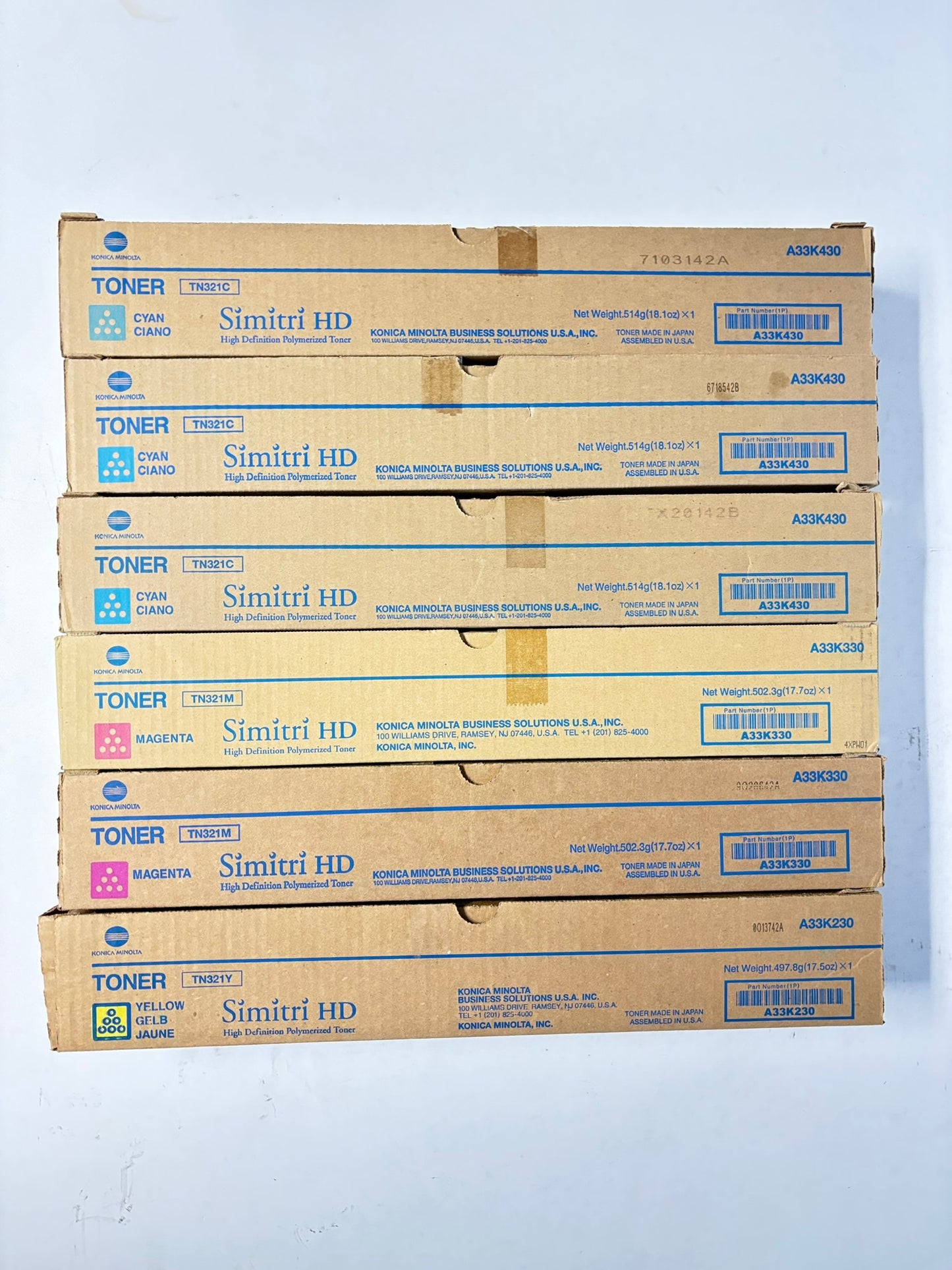 6 Genuine Konica Minolta BH C224,C284,C364,C364e TN321 CMY Toners (No Black)