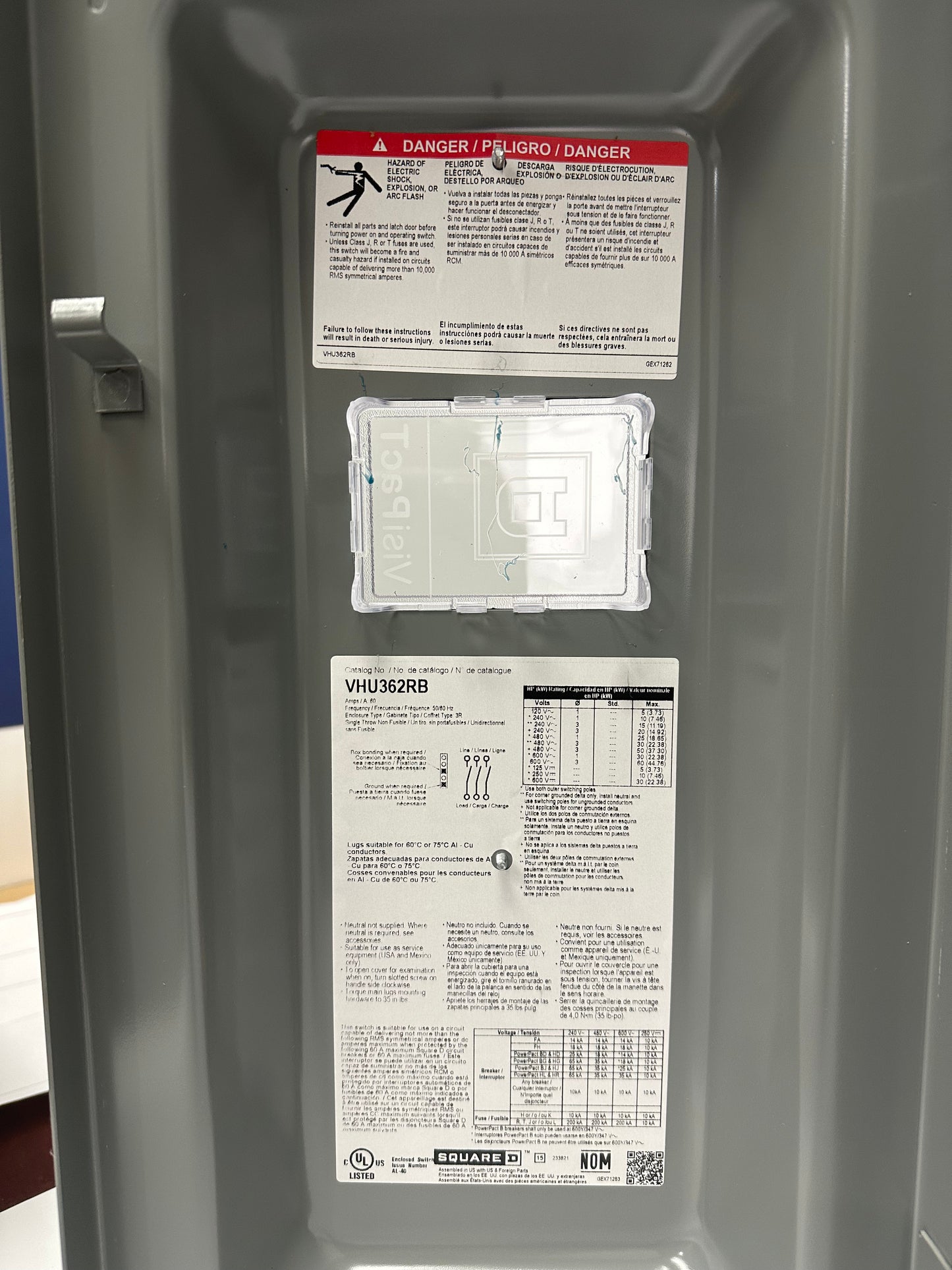 SquareD VHU362RB Heavy Duty Safety Switch Type 3R 60A 600V