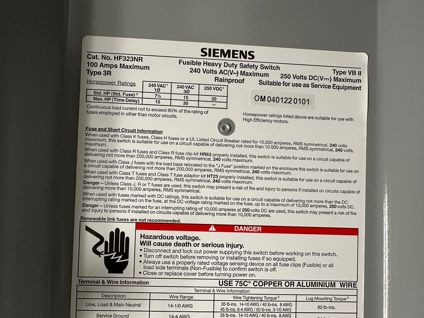 Siemens HF323NR Heavy Duty Safety Switches 100-Amp 3 Pole 240-volt 4 Wire Fused