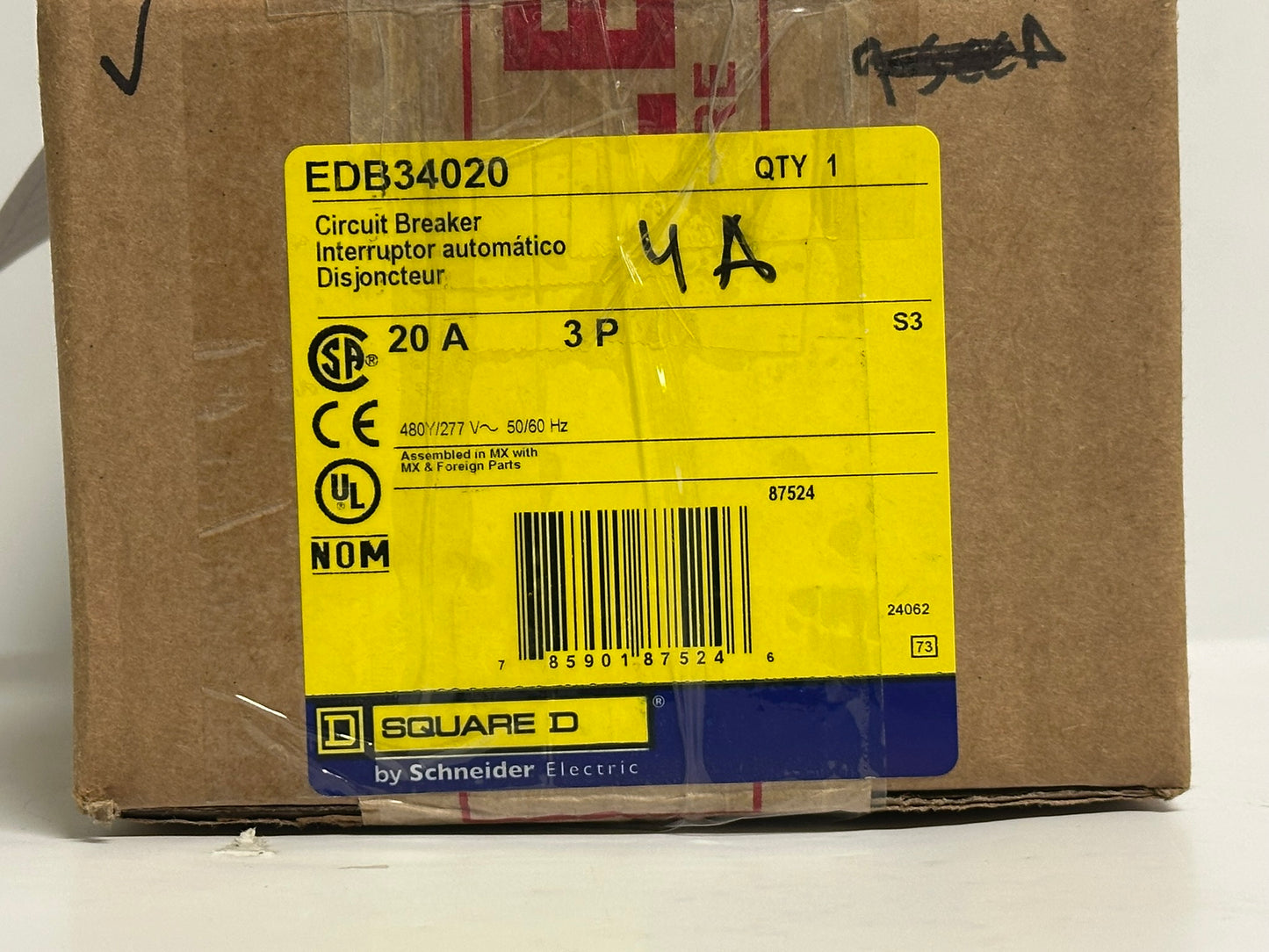 Square D EDB34020 20A 3-Pole 480Y/277V Bolt-On Circuit Breaker