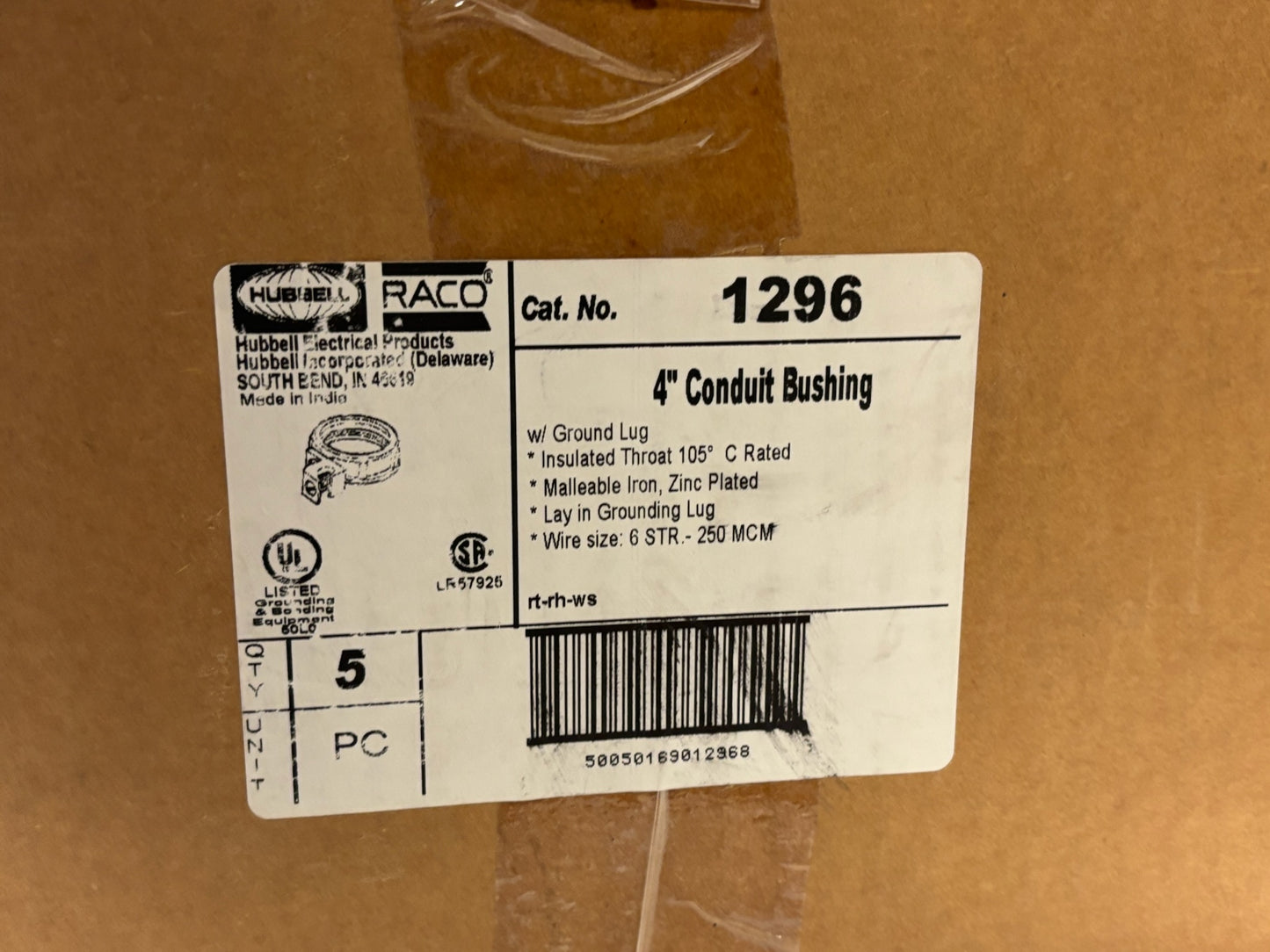 5 Pack (No Box) Hubbel Raco (1296) 4" Malleable Insulated Ground Bushing