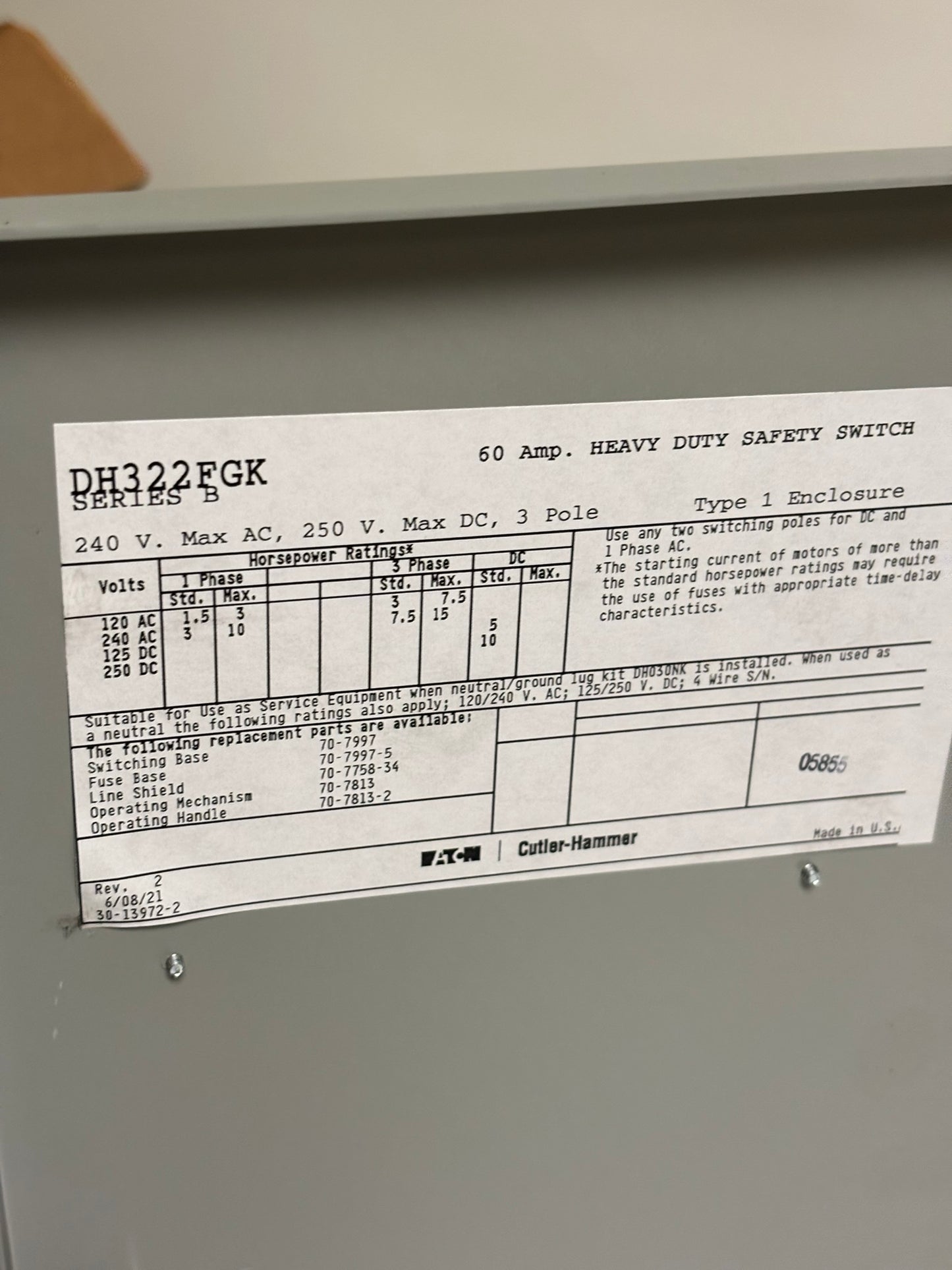 Eaton DH322FGK Enhanced Visible Blade Single-Throw Safety Switch, 60 A