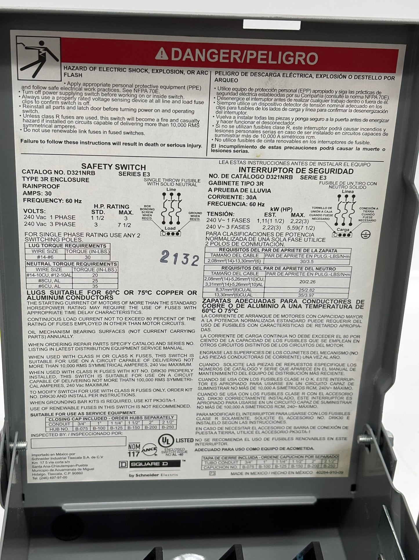 Square D D321NRB General Duty Safety Switch, Raintight, 30 A, 240 Vac, No Box