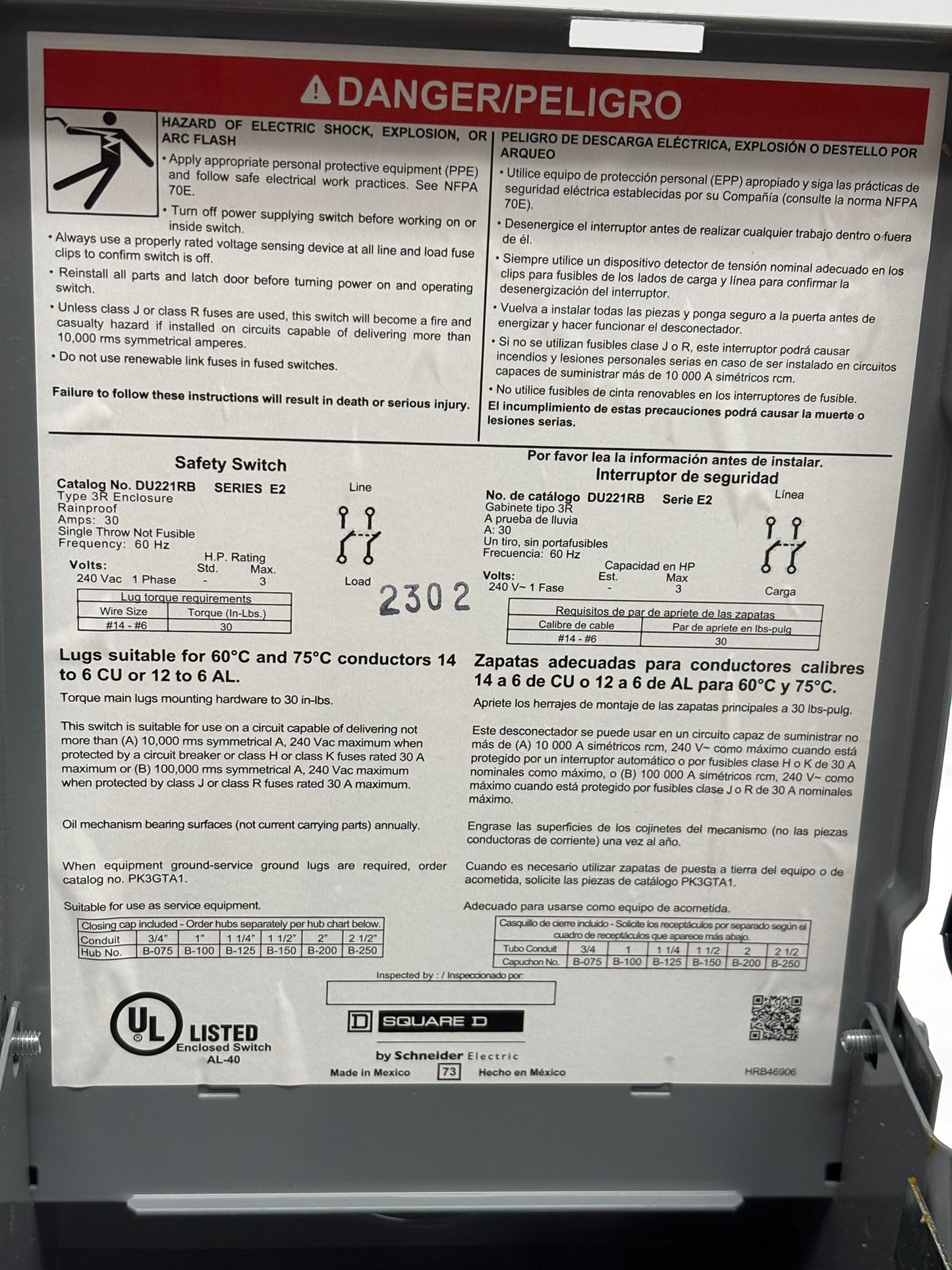 Square D DU221RB General Safety Switch, Non Fusible, 2P2W, 30 A, 240 Vac, No Box