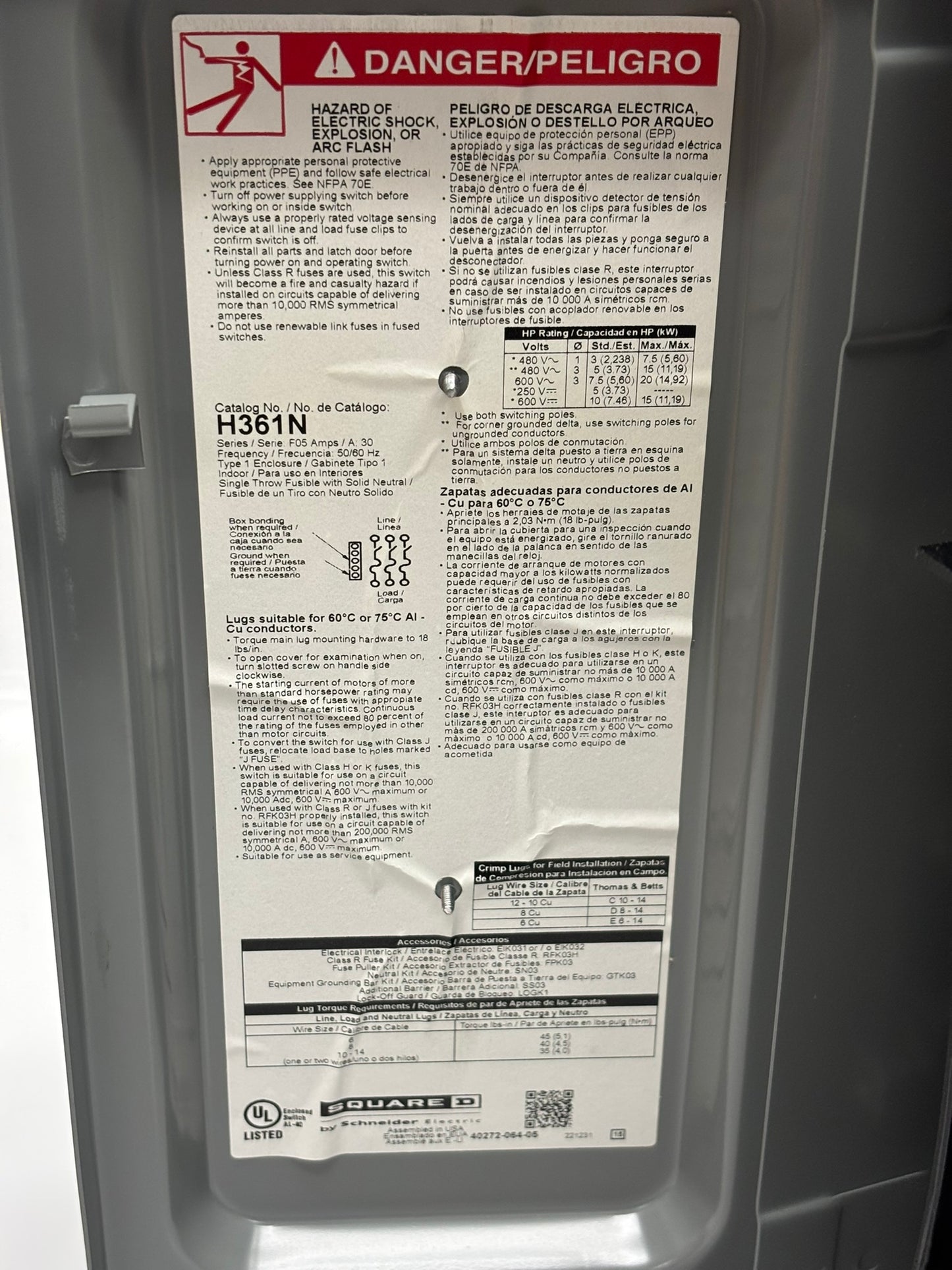 Square D H361N Heavy Duty Safety Switch, Fusible, 3P4W, 30A, 600Vac, 600Vdc, No Box