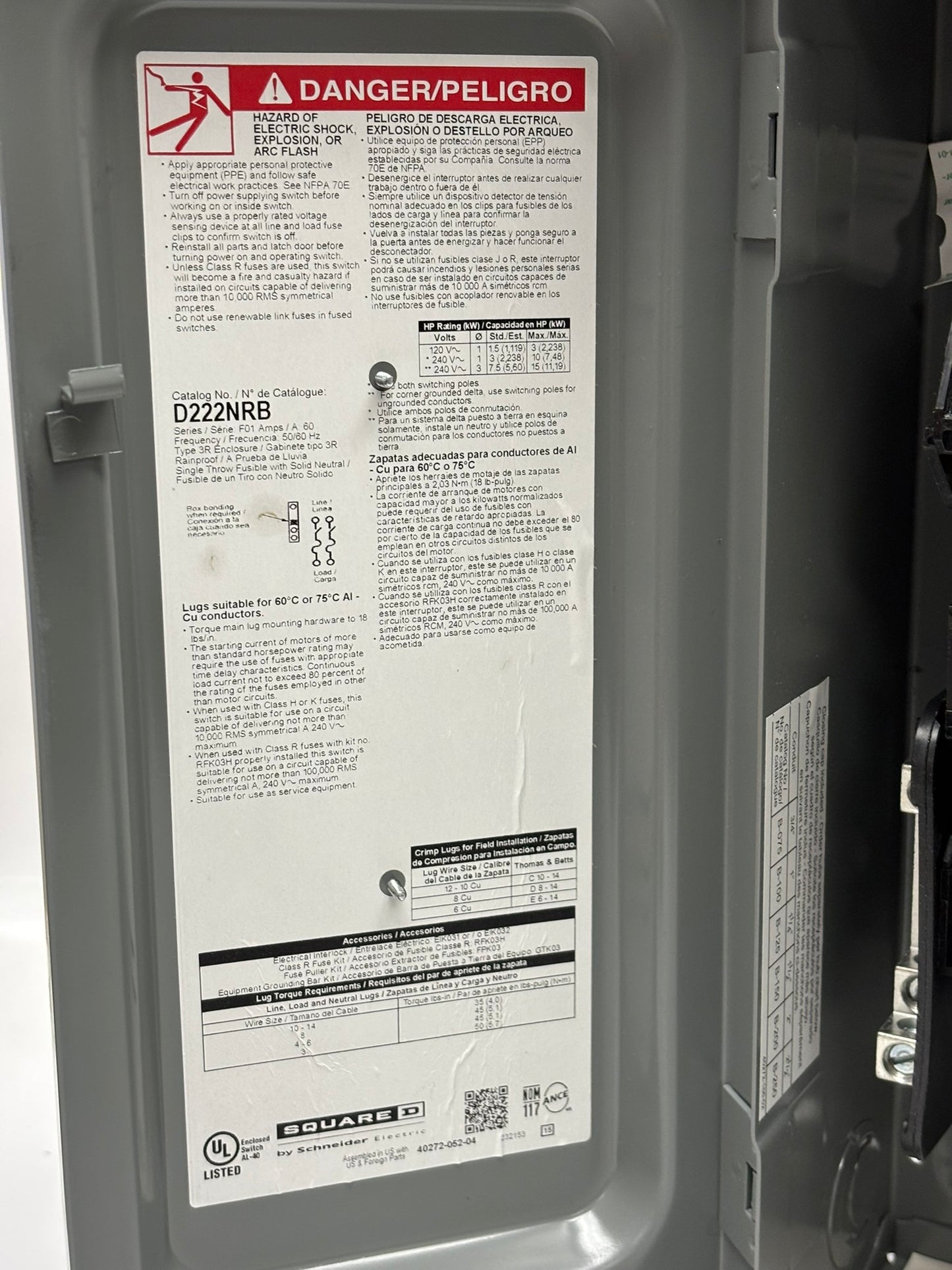 Square D D222NRB General Duty Safety Switch, Fusible, 2P3W, 60A, 240Vac, No Box