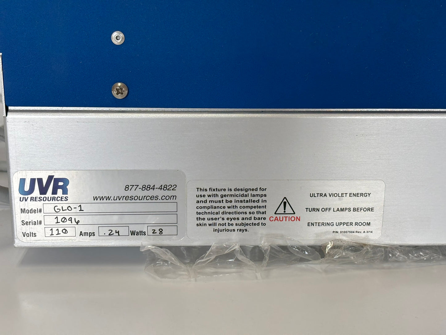 UVR UV Resources GLO-225 Upper Air Fixture Pathogen Nuetralizing Germicidal Disinfection Unit