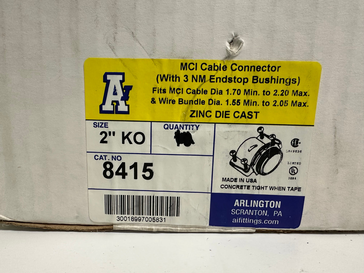 8 PK Arlington (8415) 2" MCI Cable connector, 3 NM Endstop Bushings, (Open box)