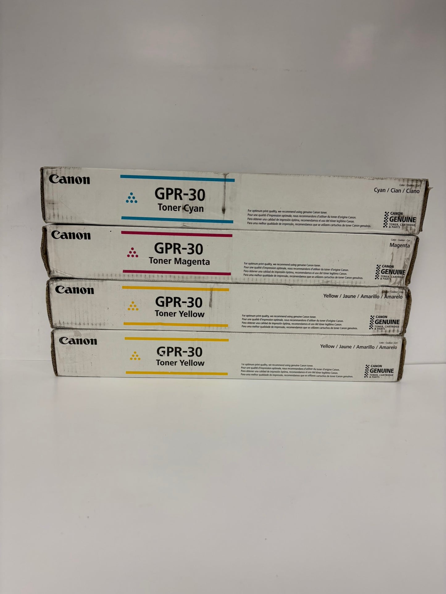 4 Genuine Canon iR ADVANCE C5045,C5051,C5250,C5255 GPR-30 CMYY Toners (No Black)