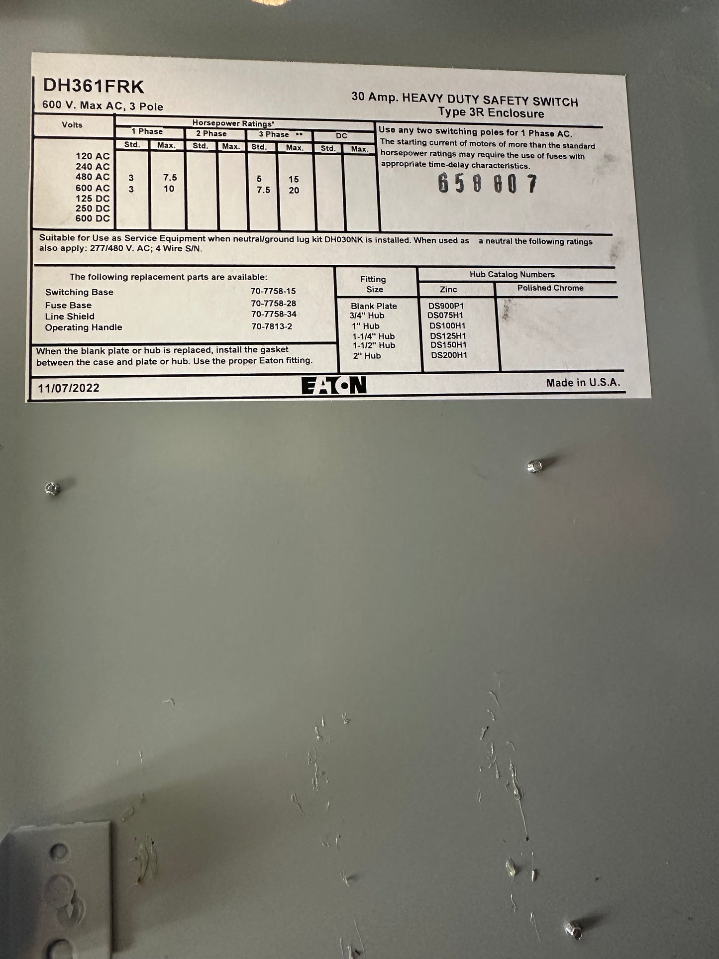 Eaton DH361FRK 30A 600V Heavy Duty Safety Switch 3 Pole