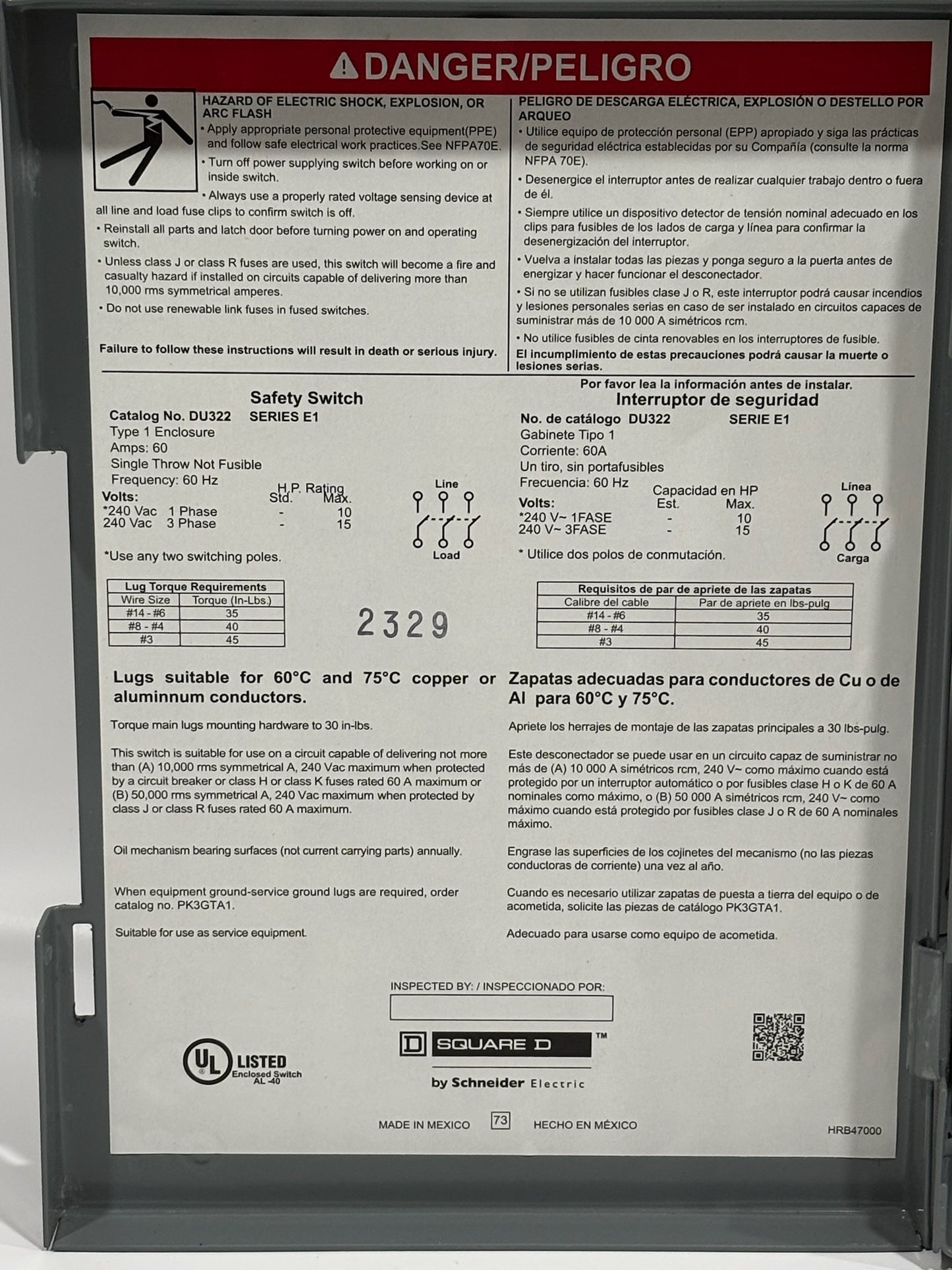 Open Box Square D DU322 60A 240V Safety Switch – Scratched Surface